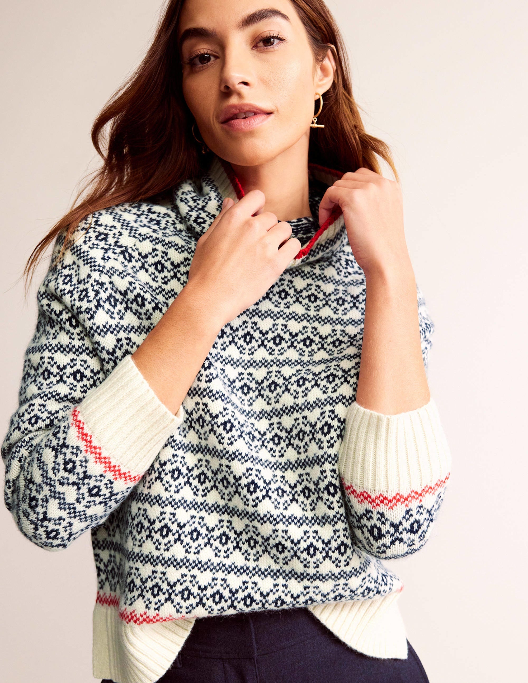 Chunky Fair Isle Jumper-Navy and Warm Ivory Fair Isle - Image 1