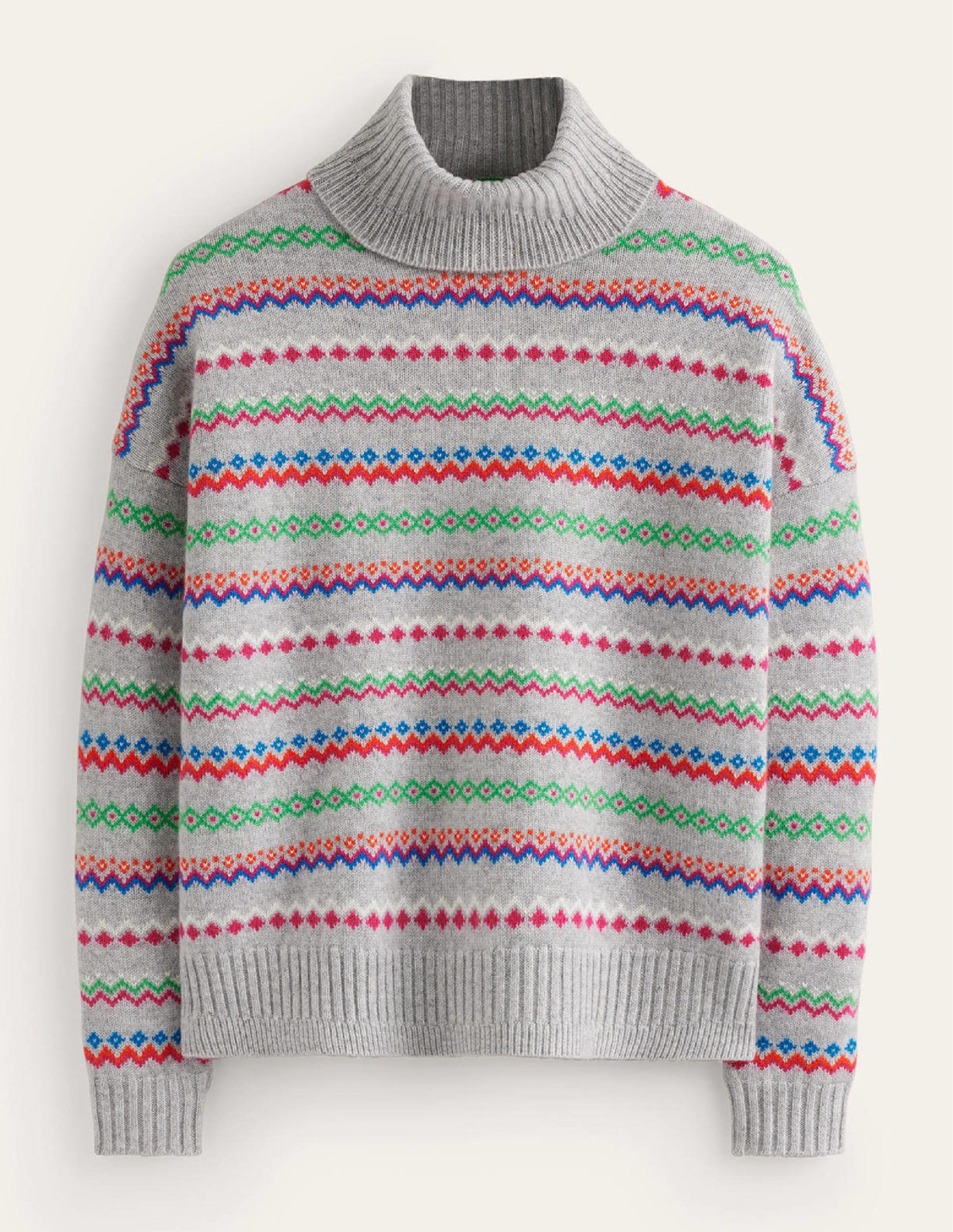 Roll Neck Cashmere Jumper-Grey Melange Fairisle-7