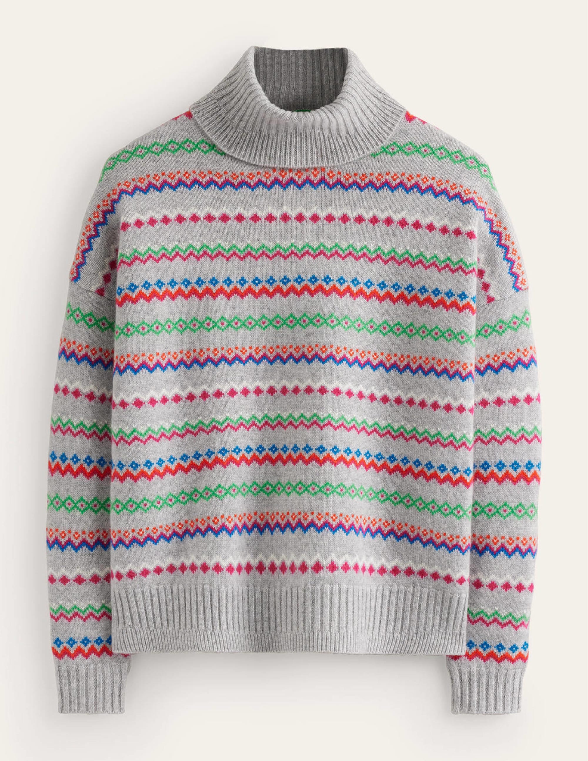Roll Neck Cashmere Jumper-Grey Melange Fairisle - Image 7
