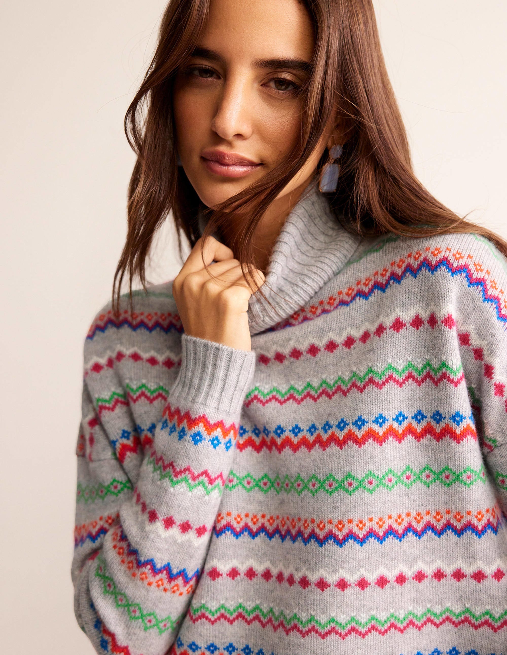 Roll Neck Cashmere Jumper-Grey Melange Fairisle - Image 1