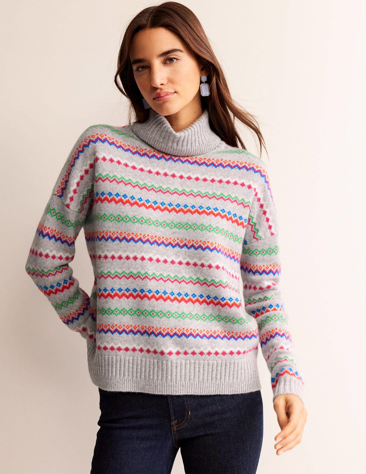 Roll Neck Cashmere Jumper-Grey Melange Fairisle - Image 2