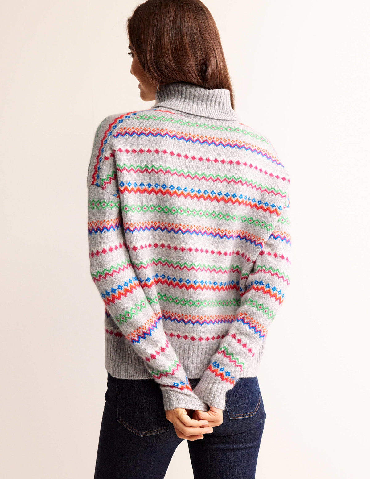 Roll Neck Cashmere Jumper-Grey Melange Fairisle-3
