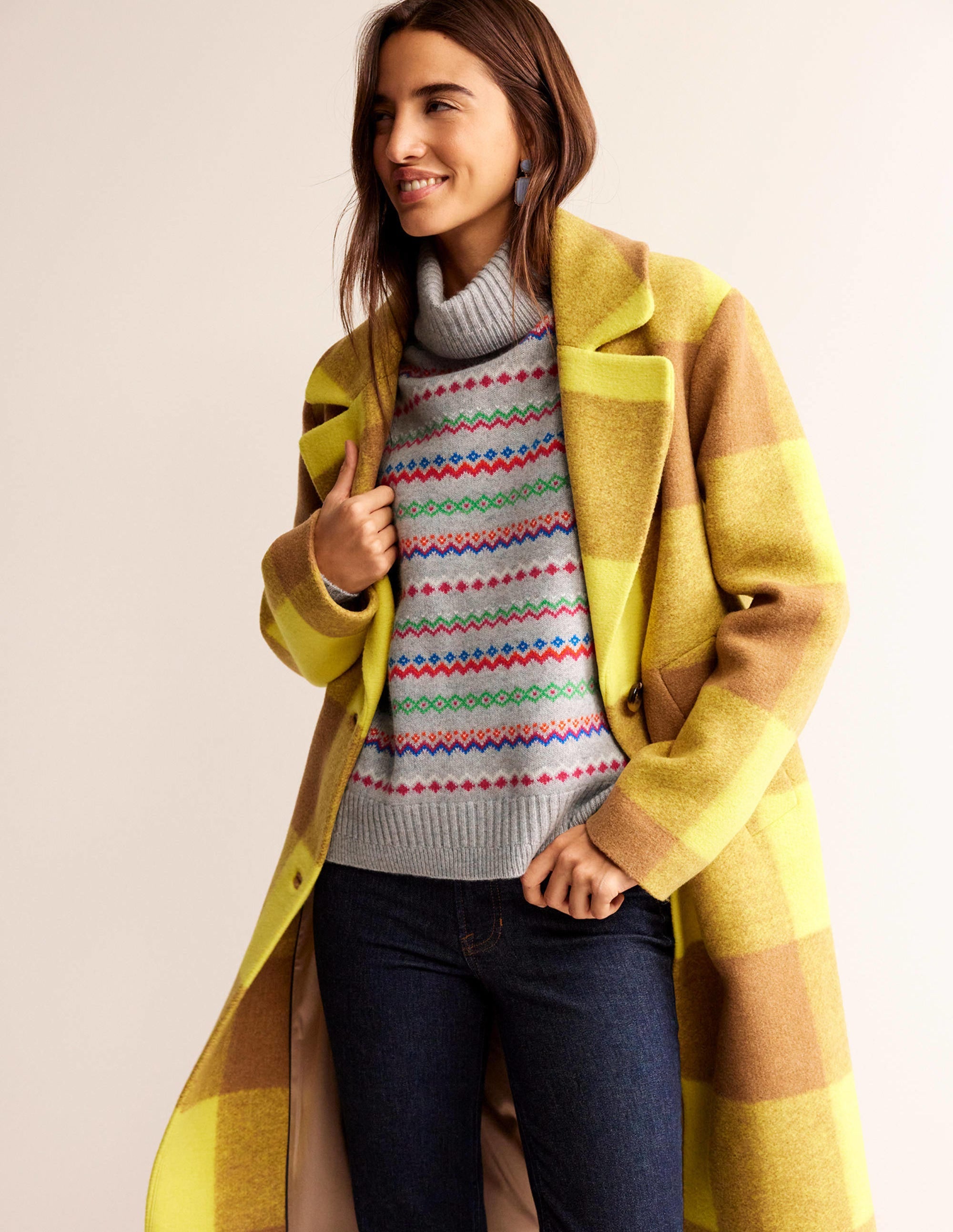 Roll Neck Cashmere Jumper-Grey Melange Fairisle - Image 4