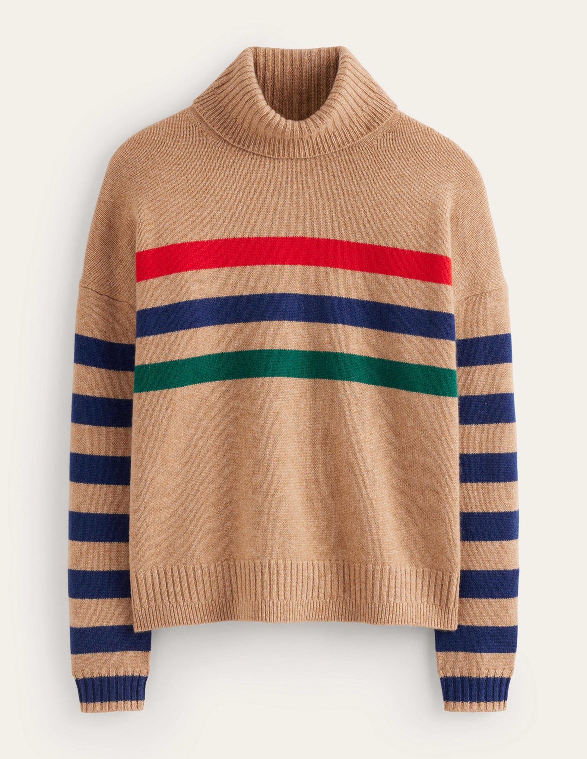 Roll Neck Cashmere Jumper-Camel and Red Stripe-5