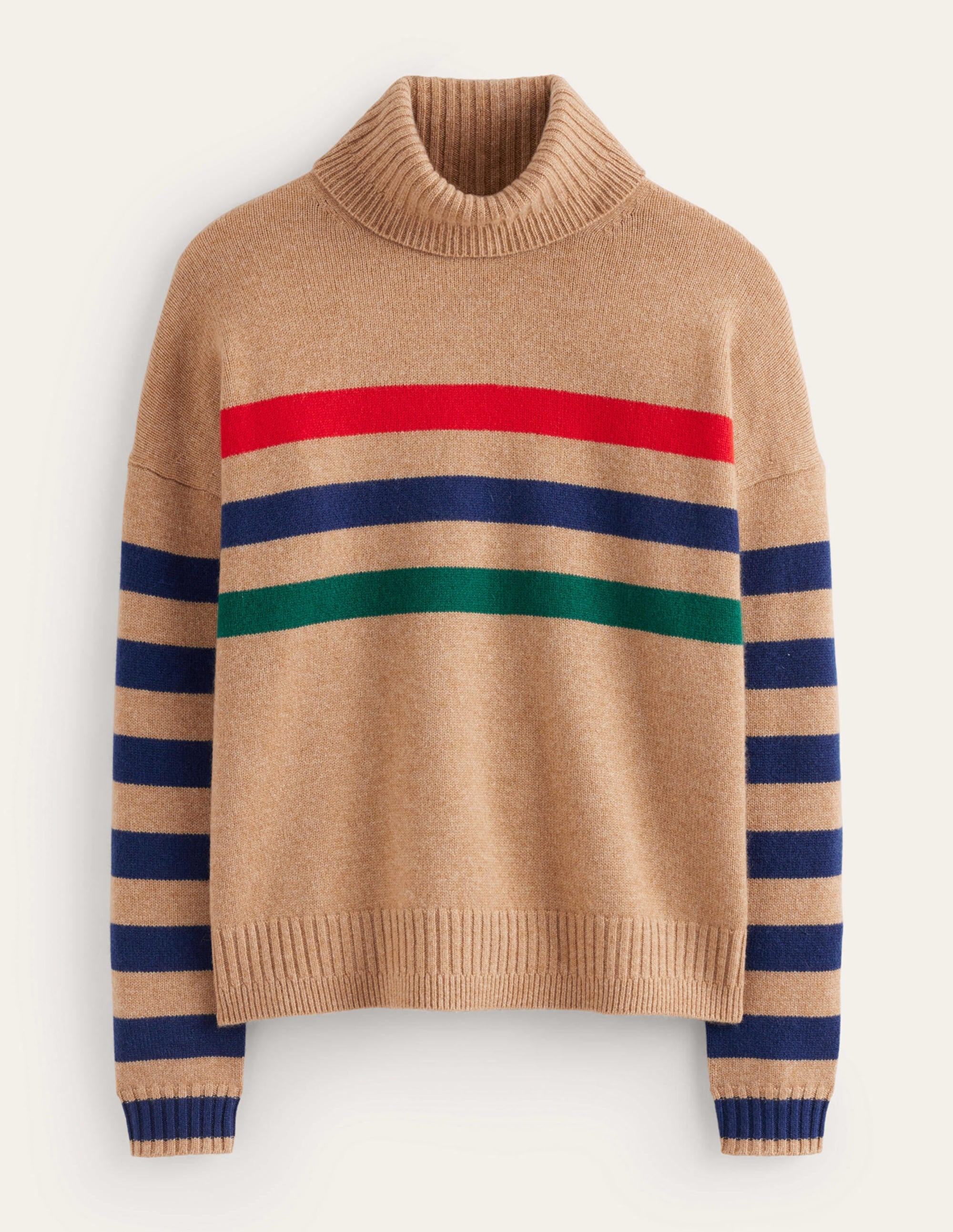 Roll Neck Cashmere Jumper-Camel and Red Stripe - Image 5
