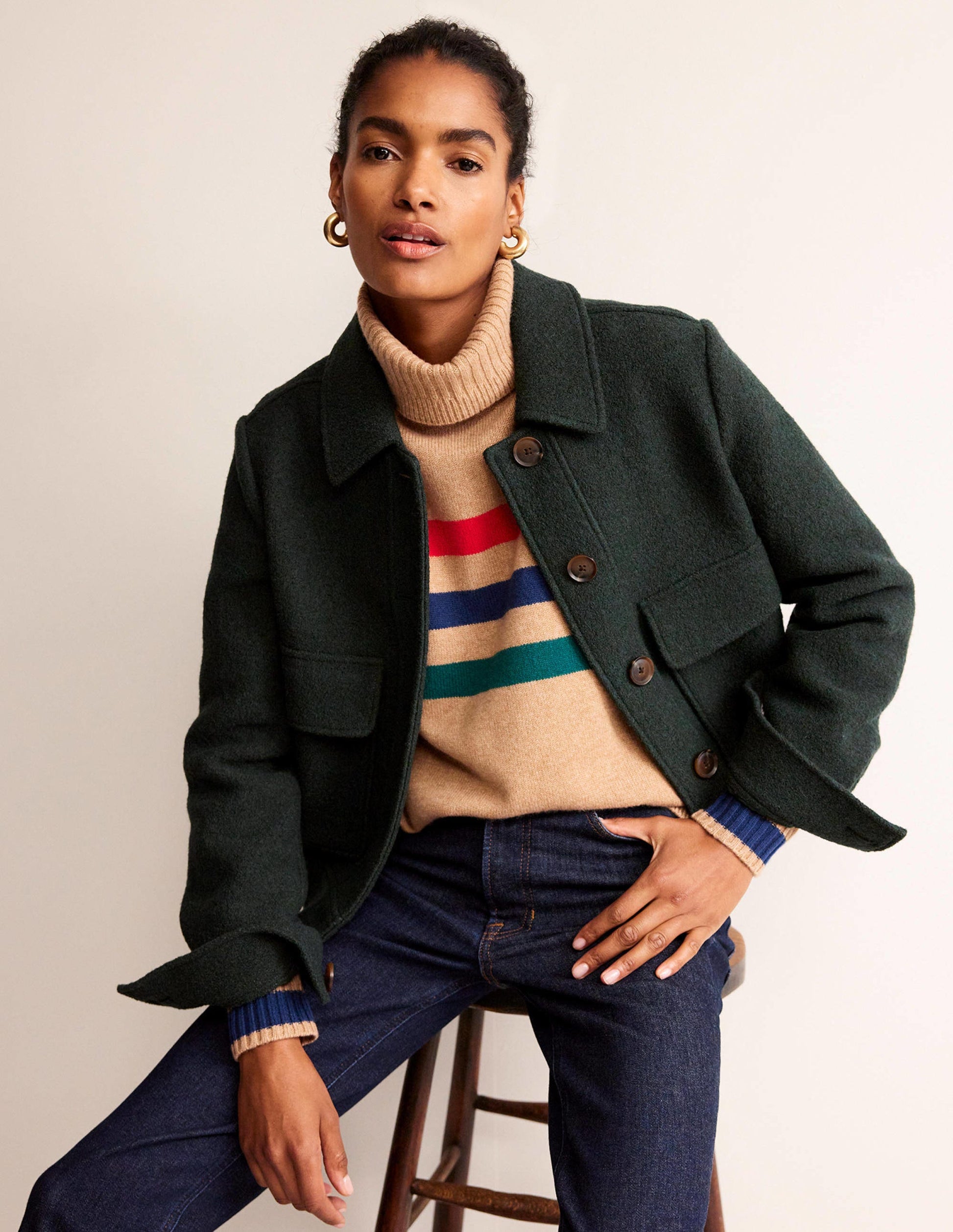 Roll Neck Cashmere Jumper-Camel and Red Stripe-1