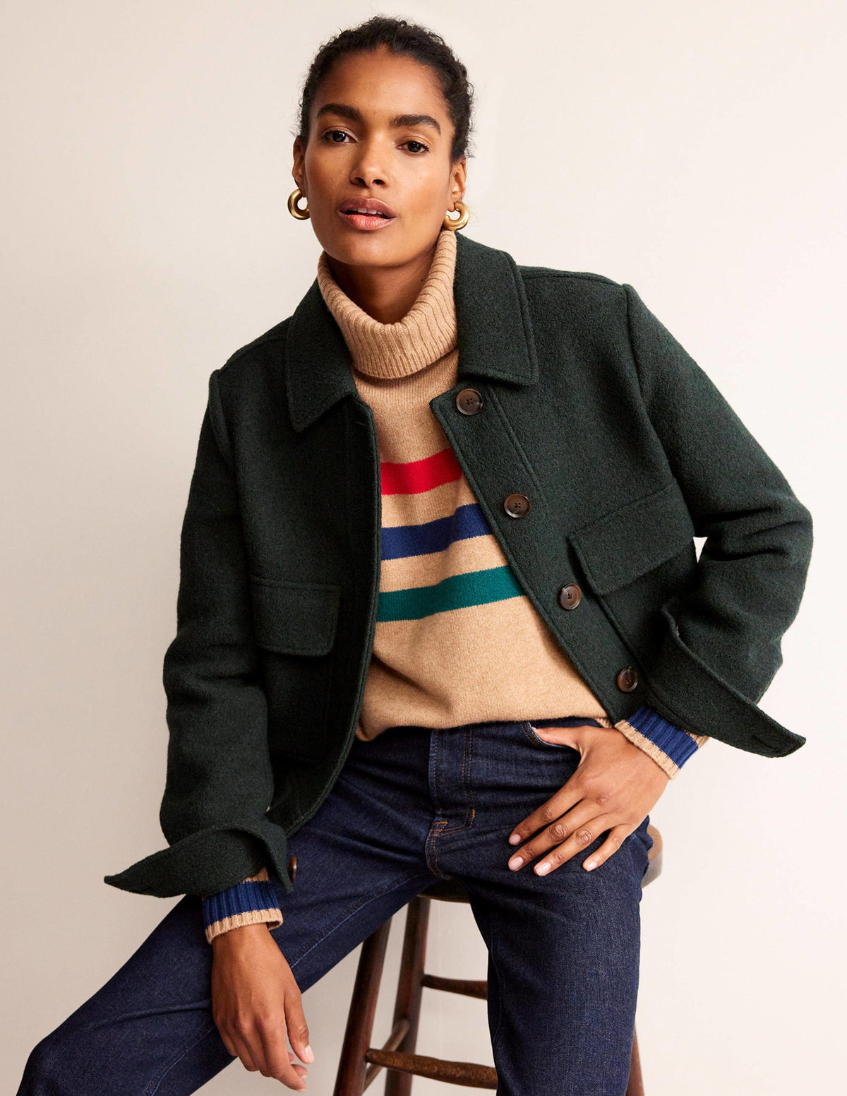Roll Neck Cashmere Jumper-Camel and Red Stripe - Image 1