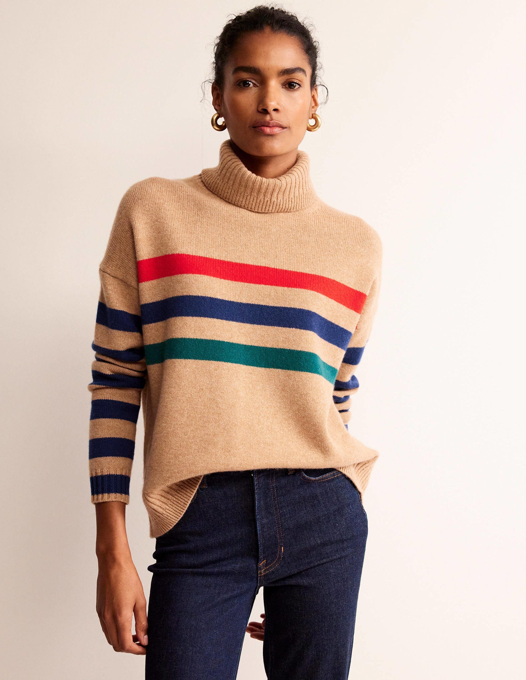 Roll Neck Cashmere Jumper-Camel and Red Stripe - Image 2