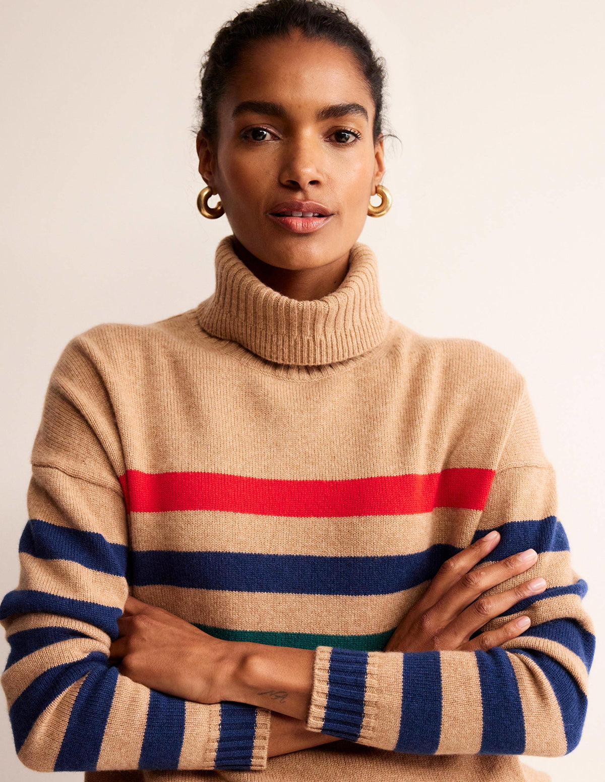 Roll Neck Cashmere Jumper-Camel and Red Stripe - Image 3