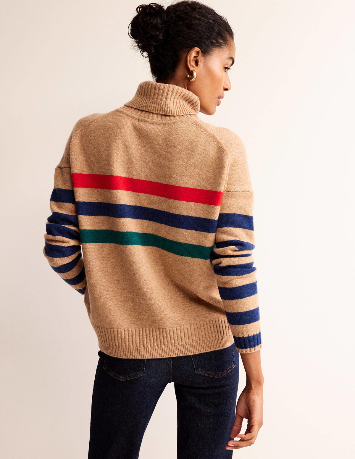 Roll Neck Cashmere Jumper-Camel and Red Stripe-4