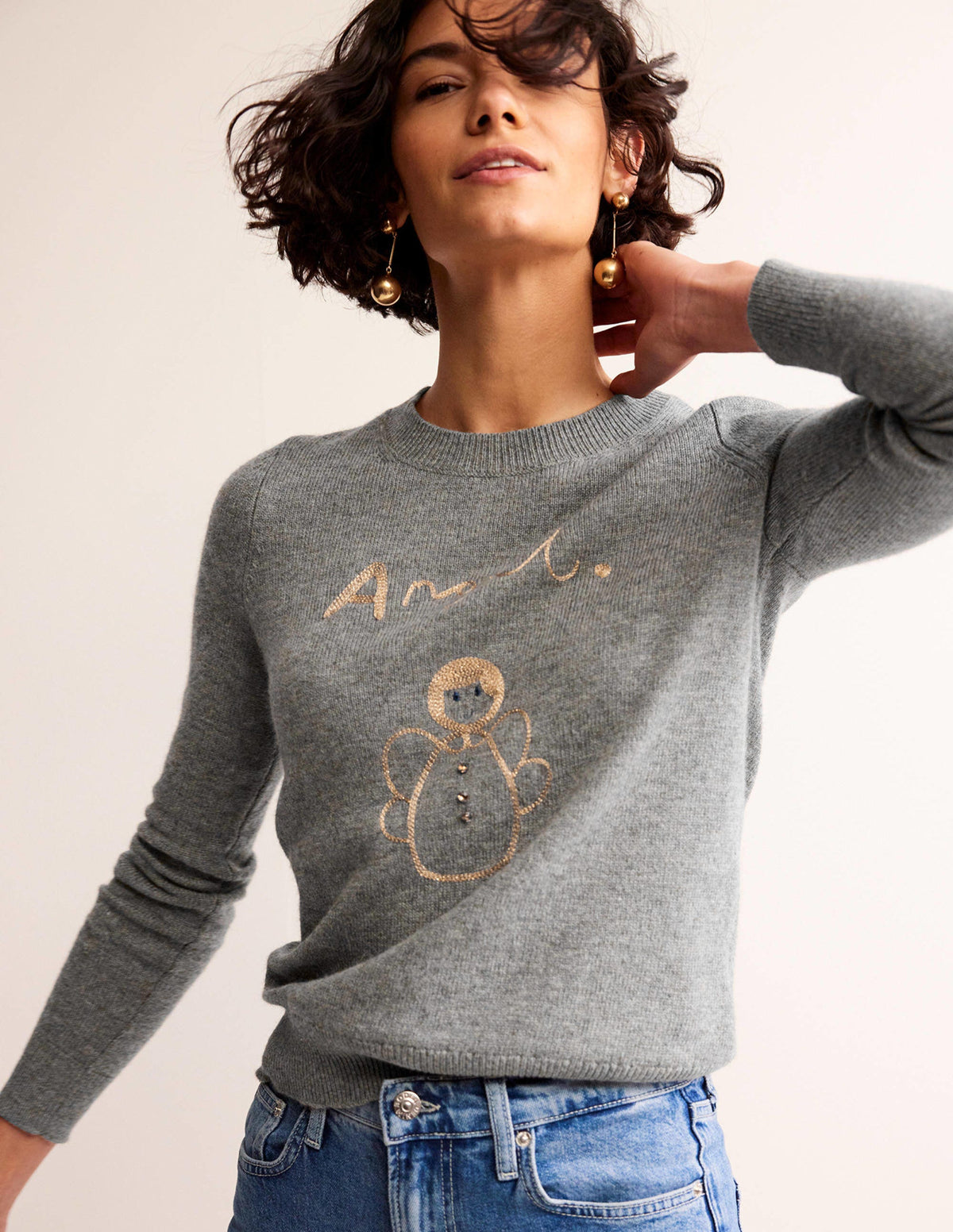 Festive Embroidered Jumper-Grey Melange, Angel-1