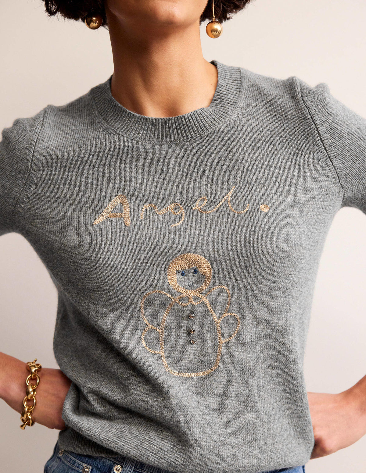 Festive Embroidered Jumper-Grey Melange, Angel - Image 2