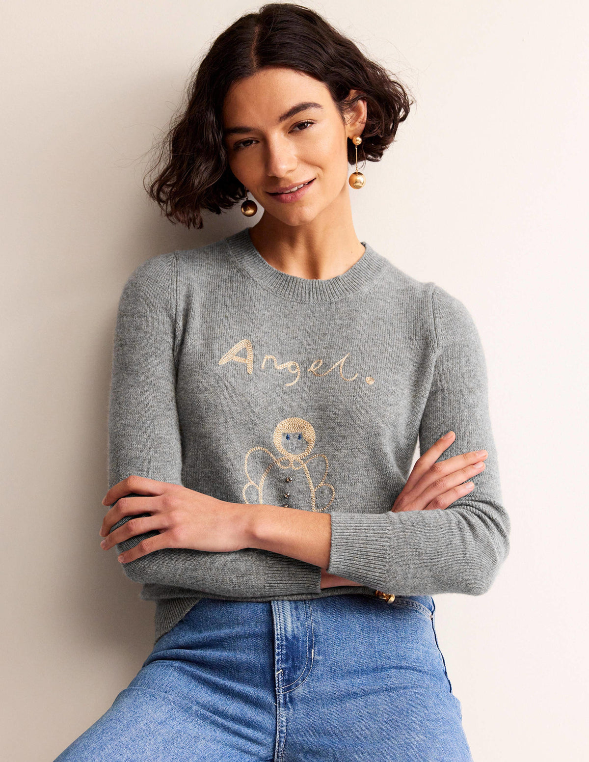 Festive Embroidered Jumper-Grey Melange, Angel-4