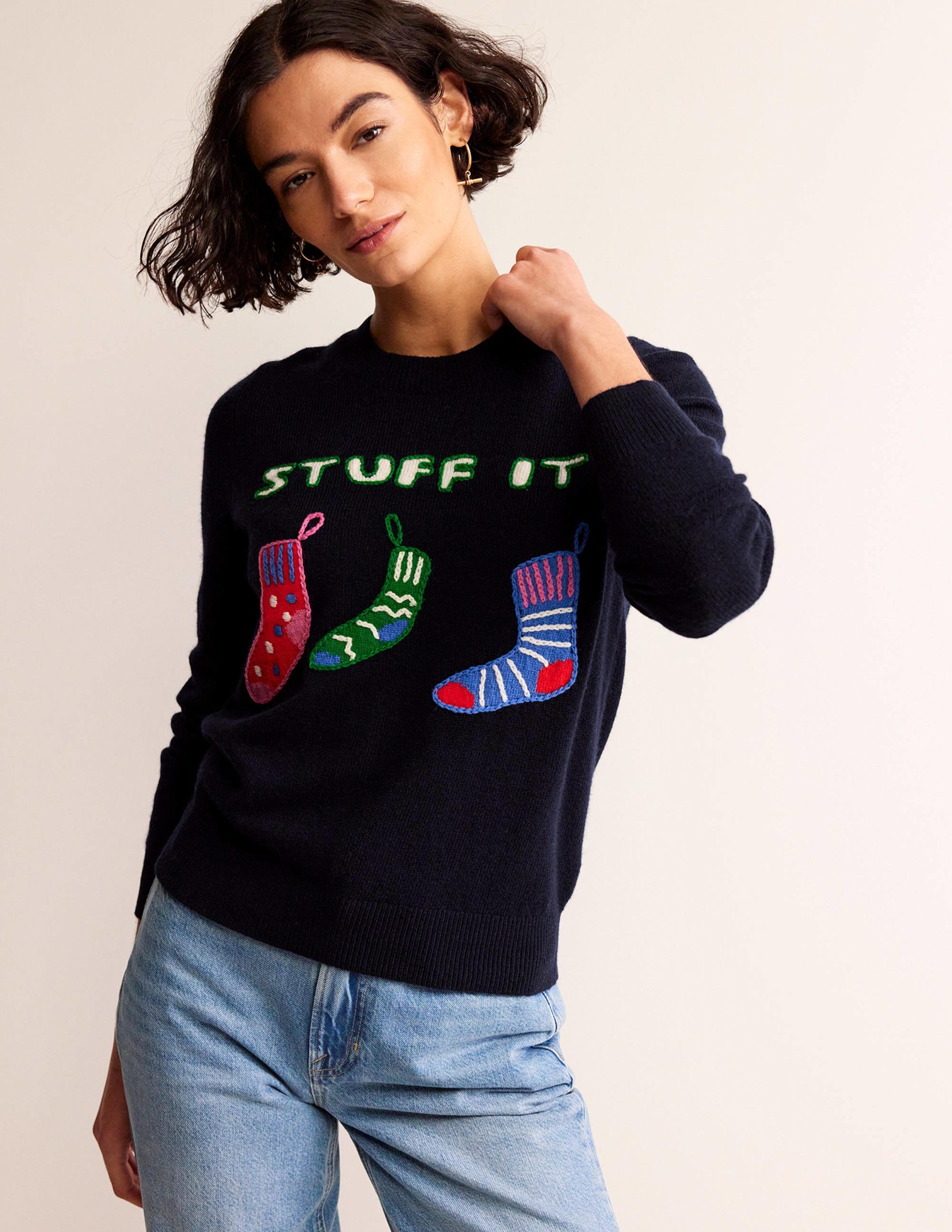 Festive Embroidered Jumper-Navy, Stuff It - Image 1