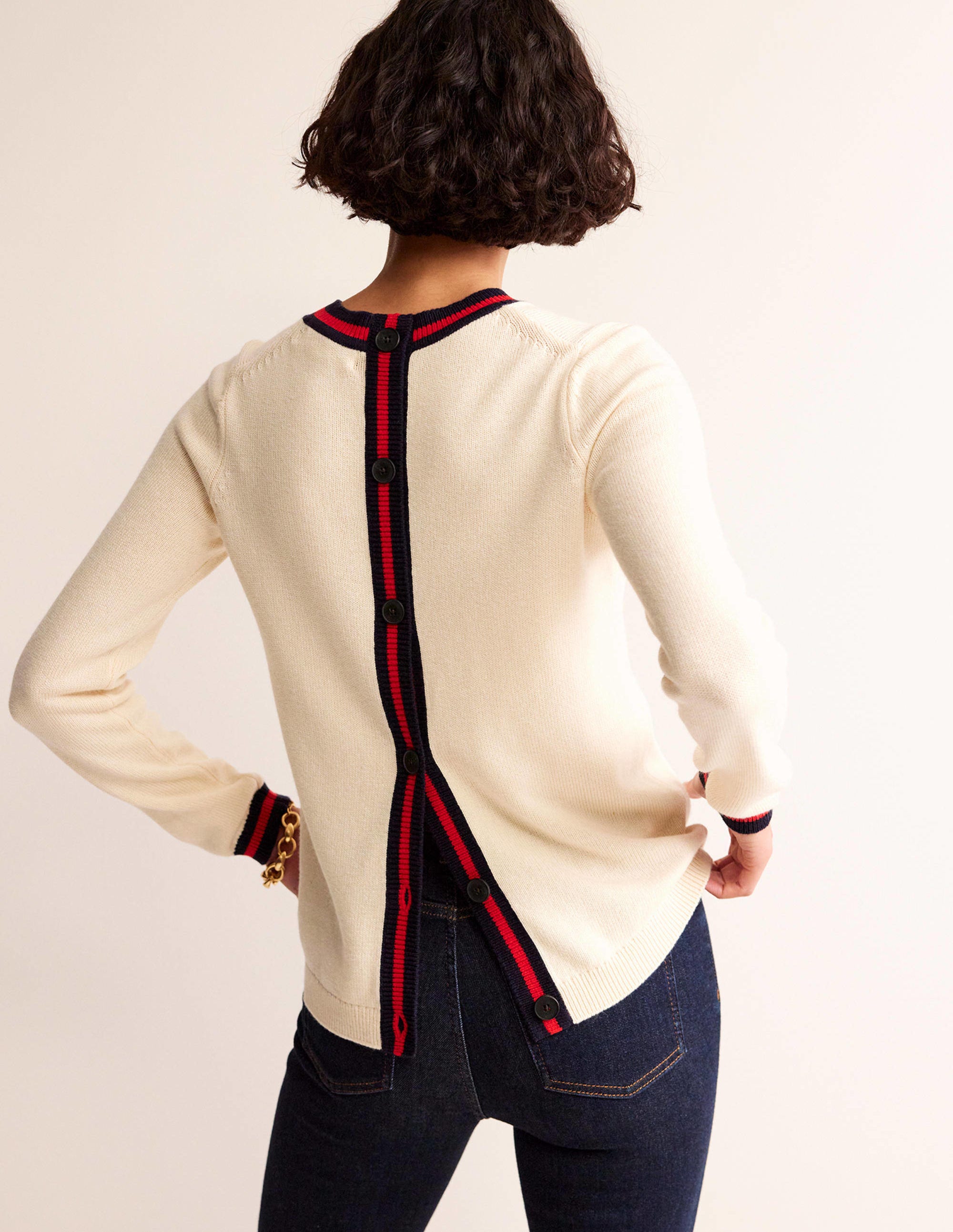 Cecily Button Back Jumper-Warm Ivory, Brand Stripe - Image 4
