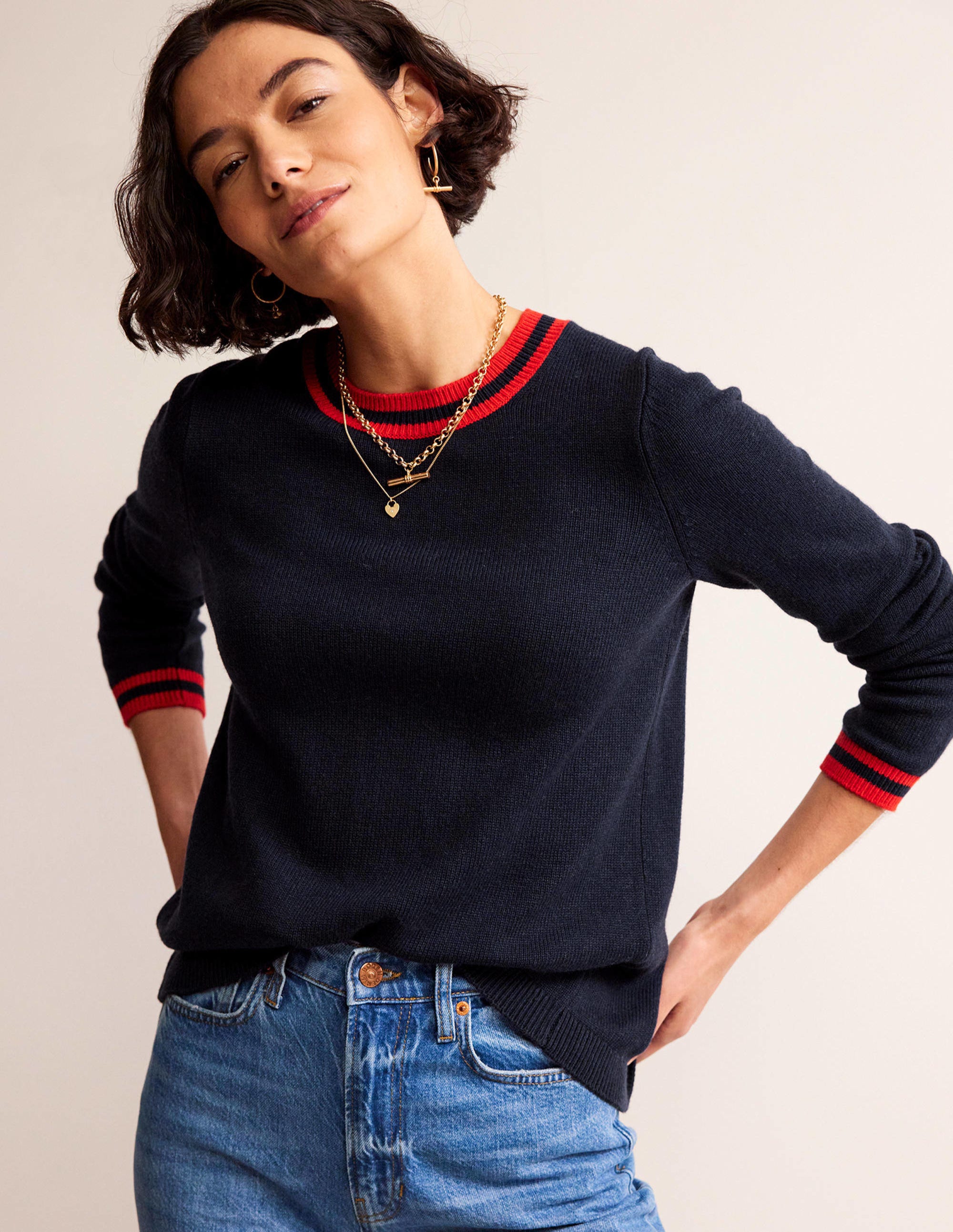 Cecily Button Back Jumper-Navy, Brand Stripe - Image 2