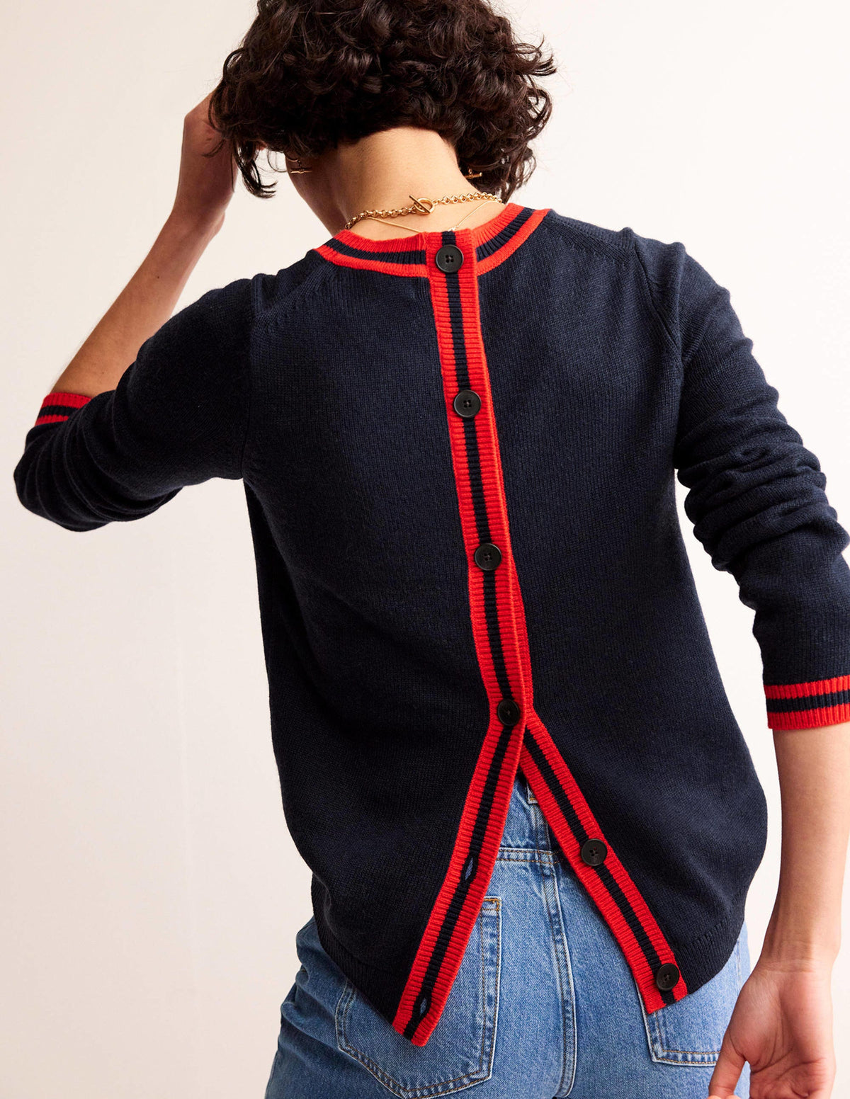 Cecily Button Back Jumper-Navy, Brand Stripe - Image 3