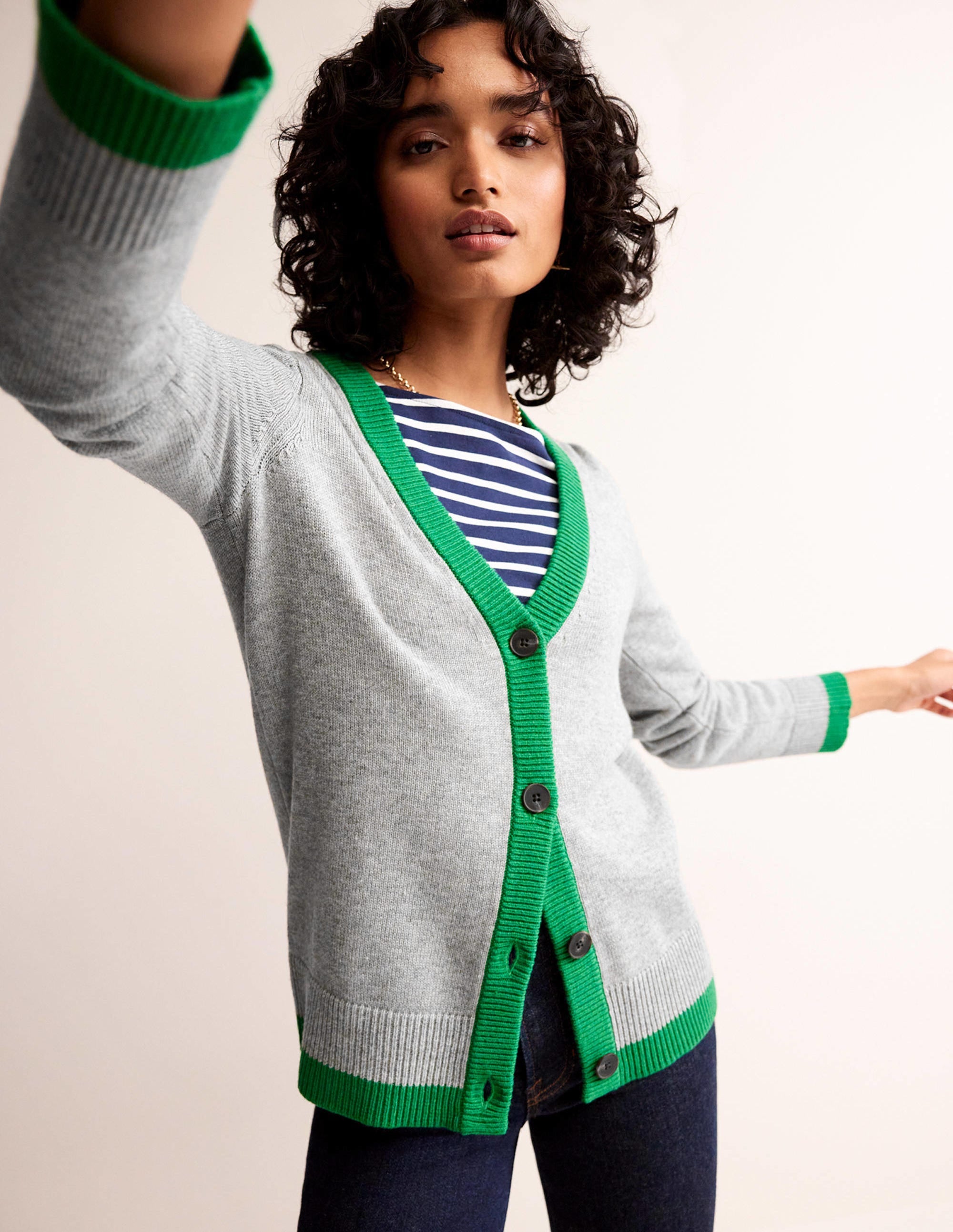 Alma Contrast Trim Cardigan-Grey Melange, Rich Emerald - Image 1
