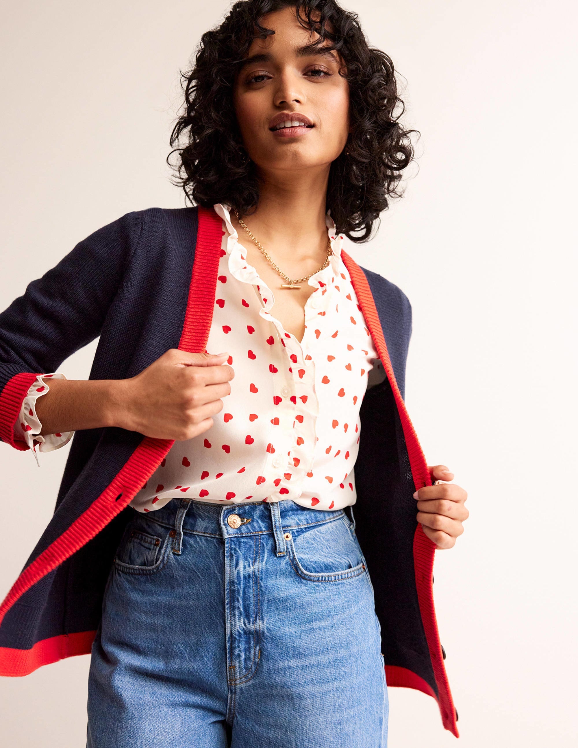 Alma Contrast Trim Cardigan-Navy, Post Box Red - Image 1