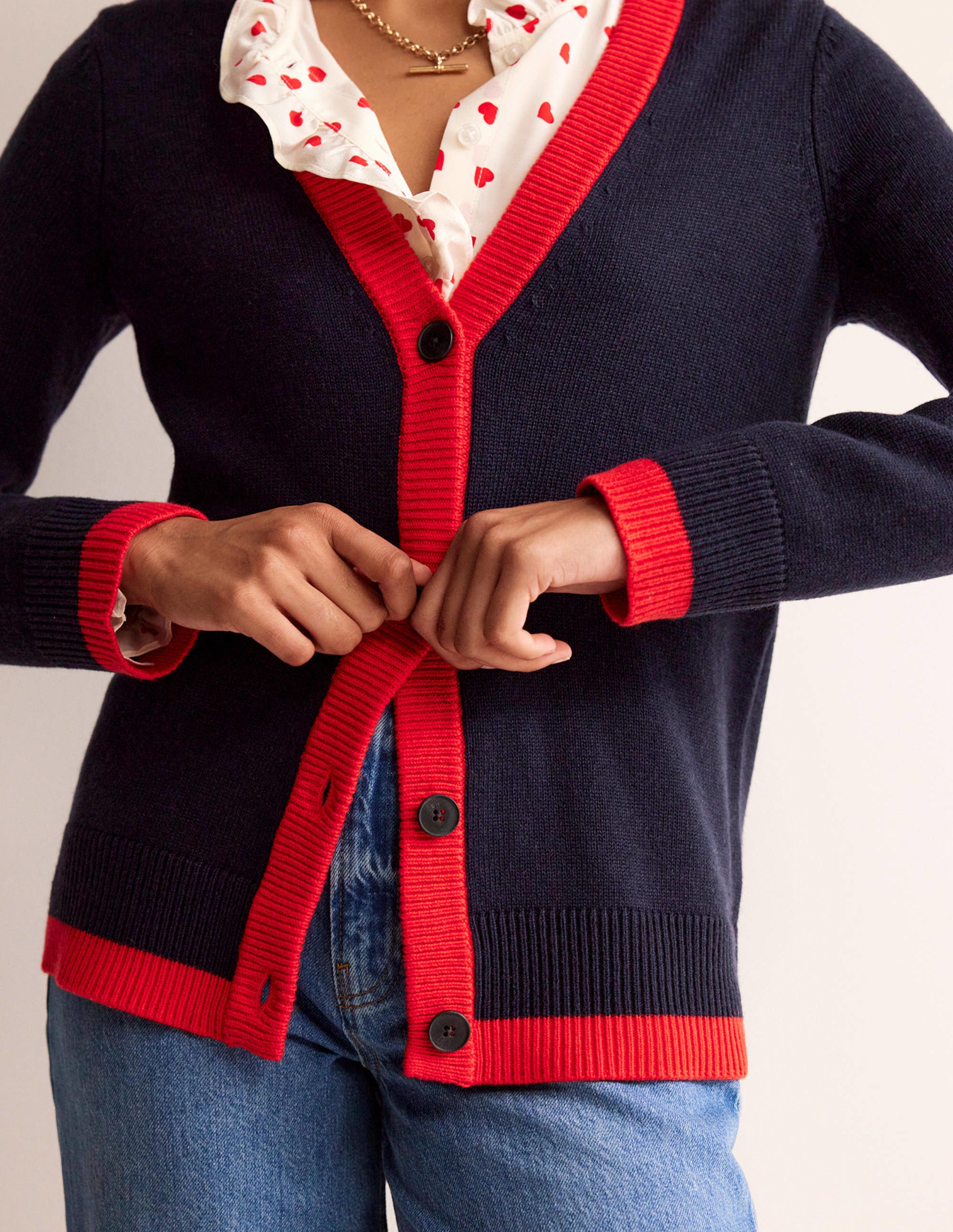 Alma Contrast Trim Cardigan-Navy, Post Box Red - Image 2