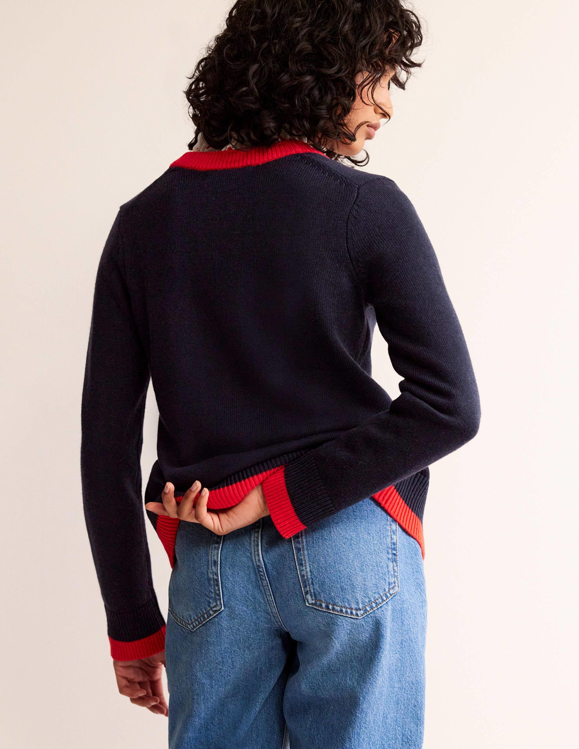 Alma Contrast Trim Cardigan-Navy, Post Box Red - Image 3