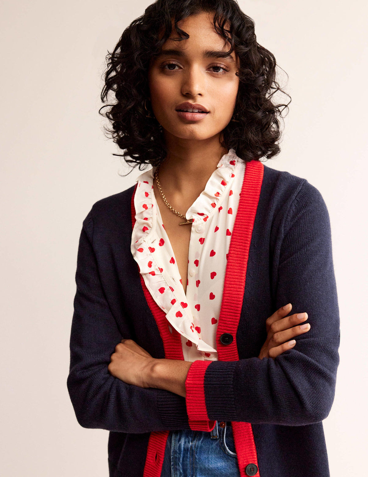 Alma Contrast Trim Cardigan-Navy, Post Box Red - Image 4