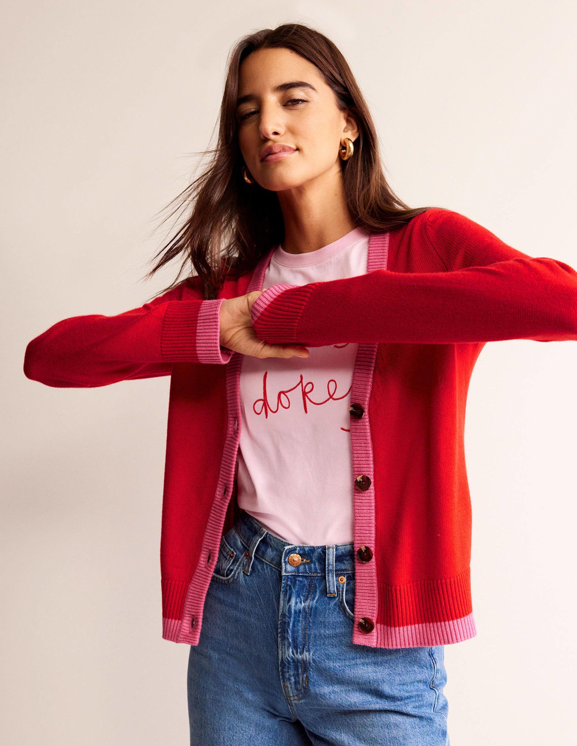 Alma Contrast Trim Cardigan-Post Box Red, Party Pink - Image 1
