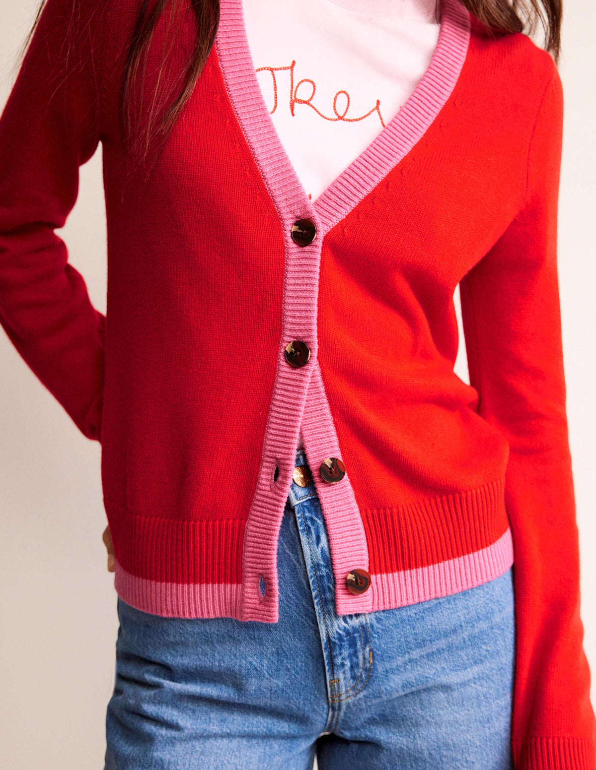 Alma Contrast Trim Cardigan-Post Box Red, Party Pink - Image 2
