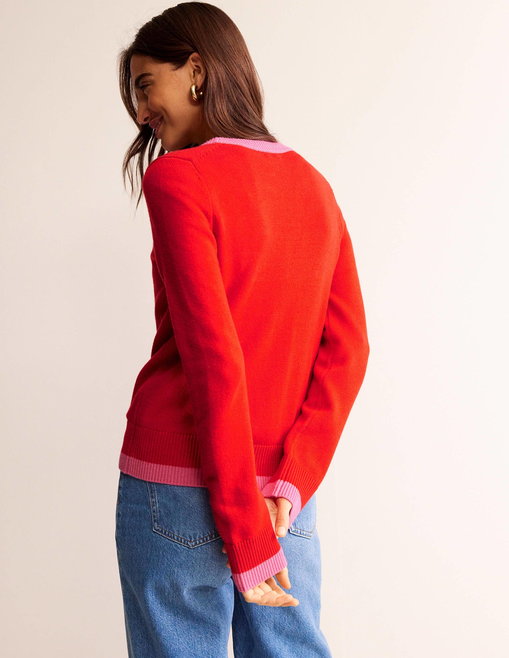 Alma Contrast Trim Cardigan-Post Box Red, Party Pink - Image 3