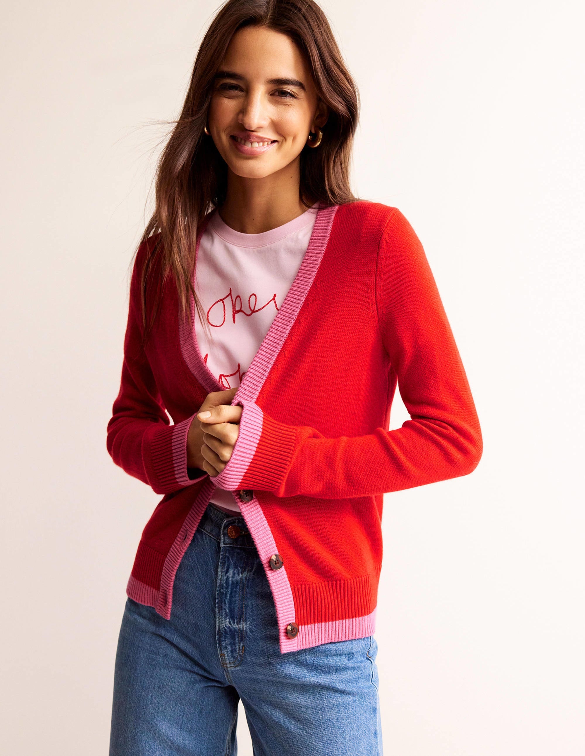 Alma Contrast Trim Cardigan-Post Box Red, Party Pink - Image 4