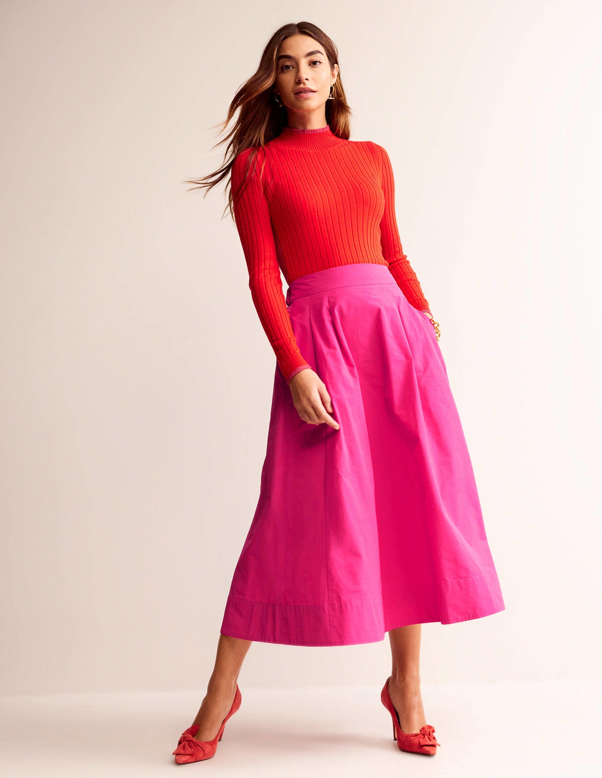 Taffeta Pull-on Midi Skirt-Vibrant Pink - Image 1