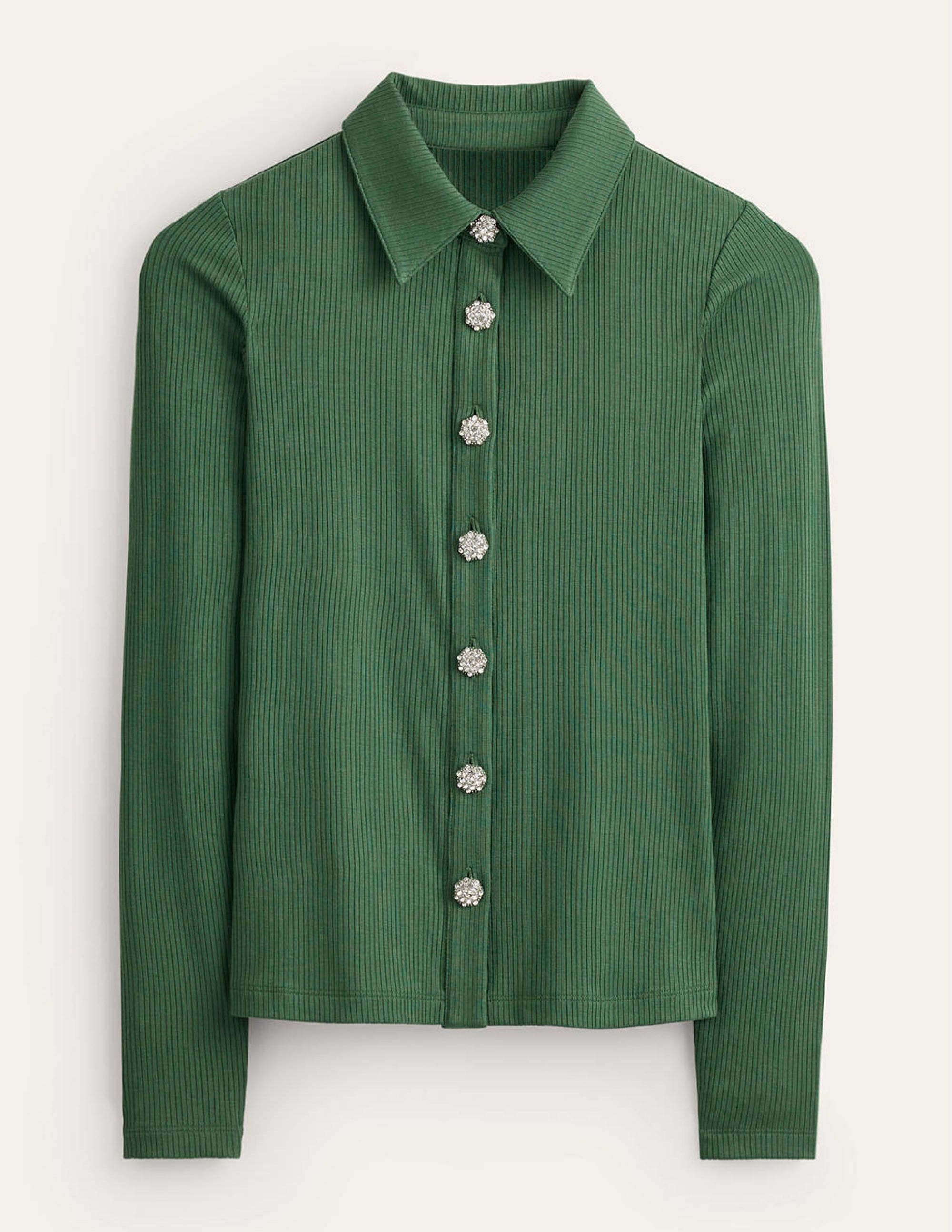 Jewelled-Button Ribbed Shirt-Palm Leaf - Image 6