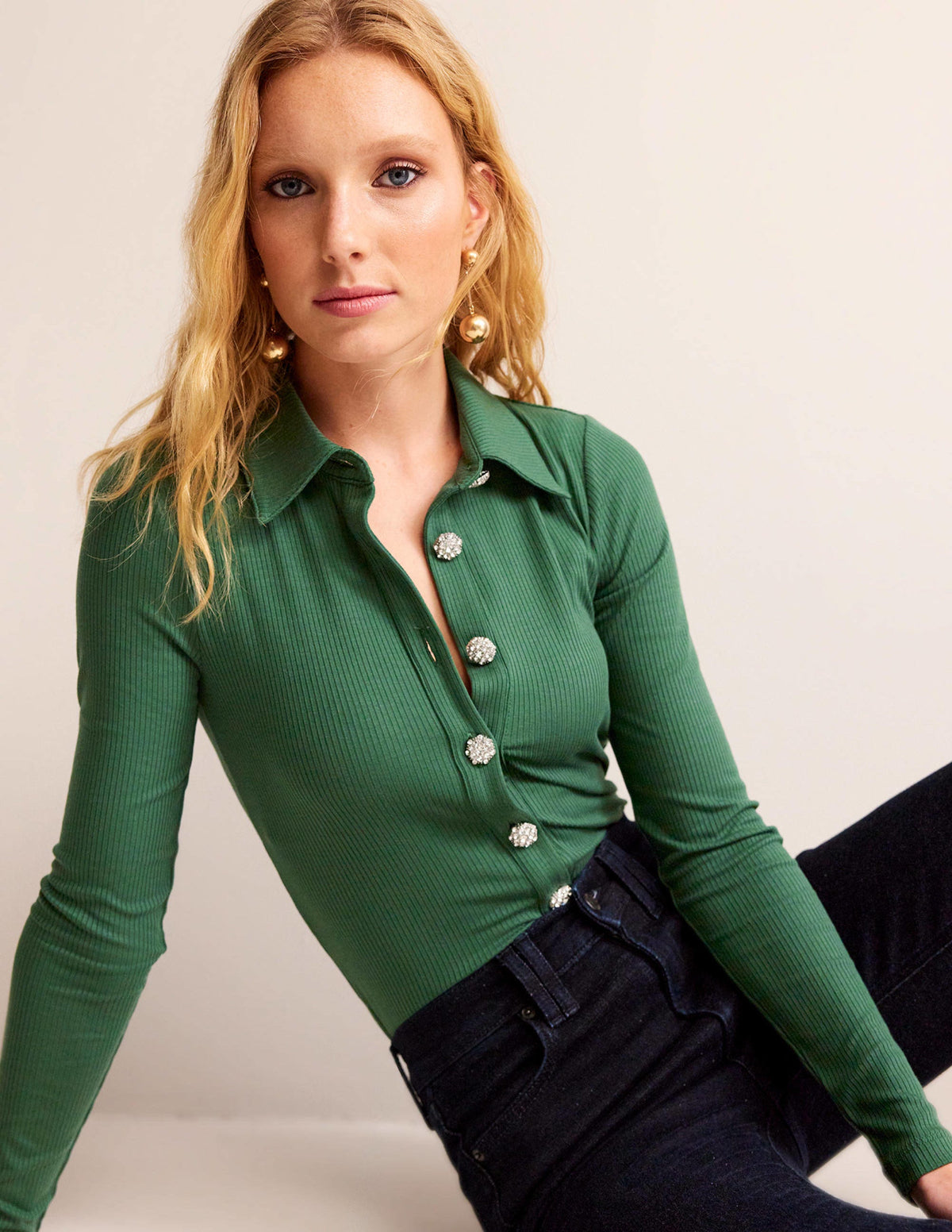 Jewelled-Button Ribbed Shirt-Palm Leaf - Image 4