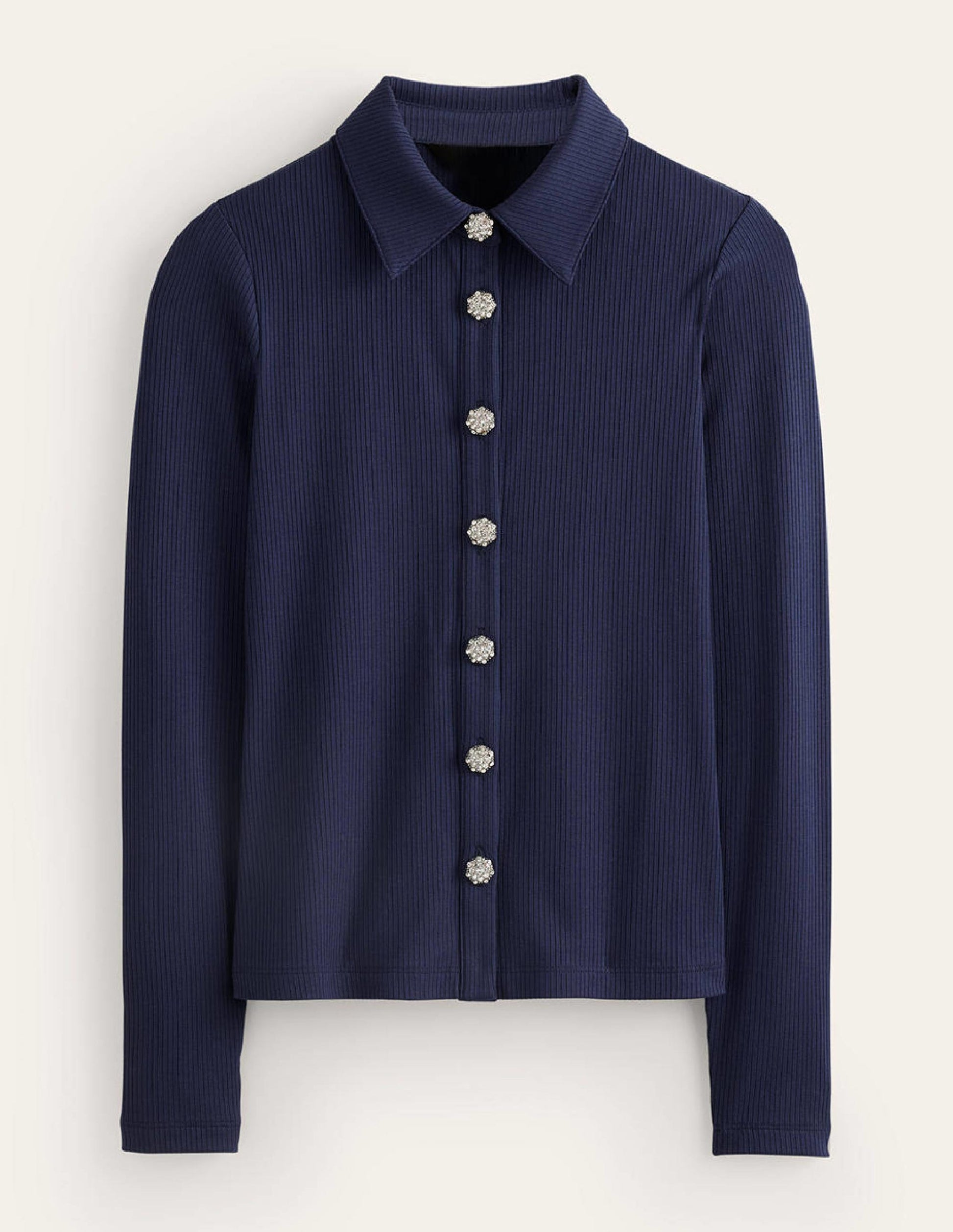 Jewelled-Button Ribbed Shirt-French Navy-7