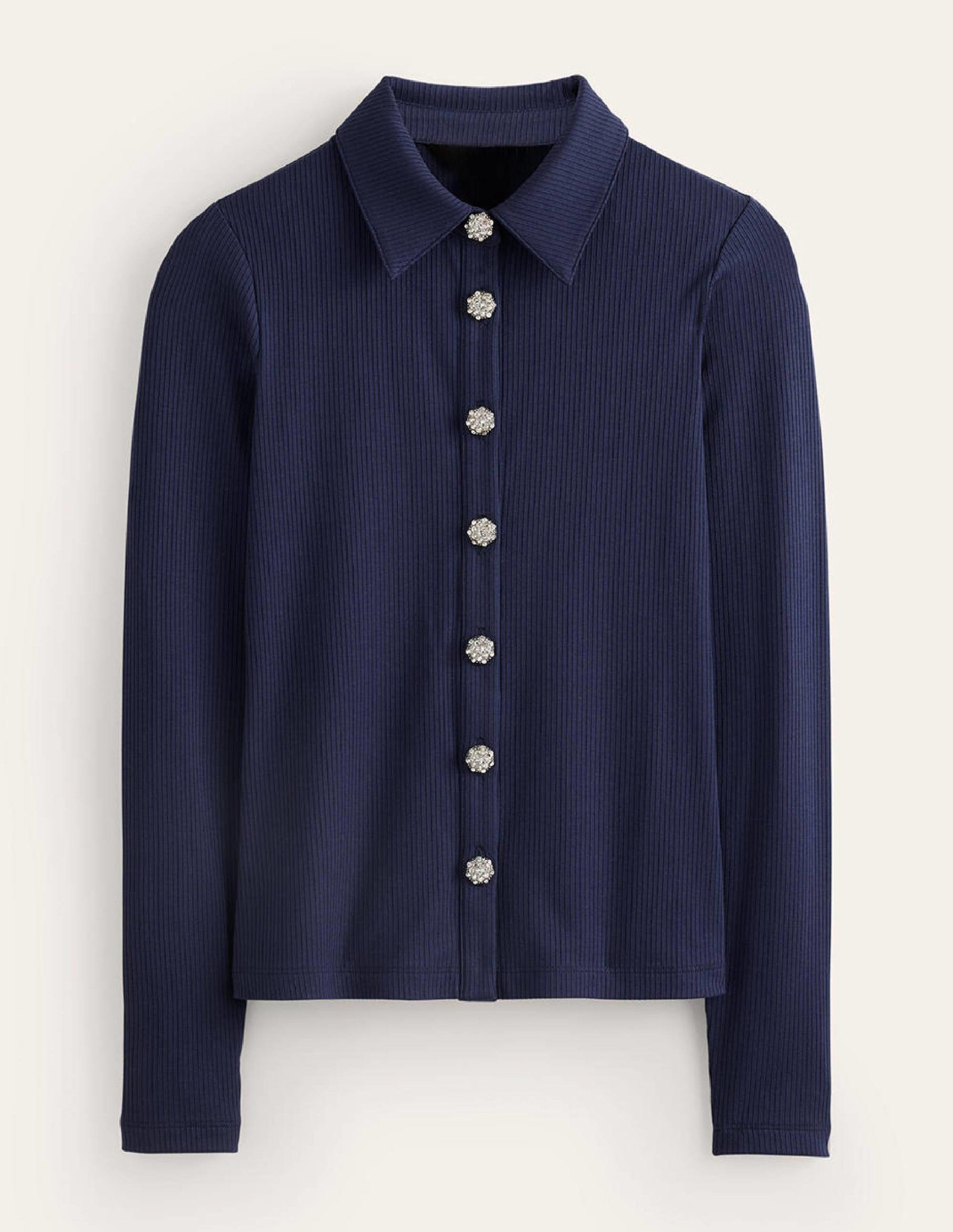 Jewelled-Button Ribbed Shirt-French Navy - Image 7