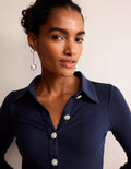 Jewelled-Button Ribbed Shirt-French Navy