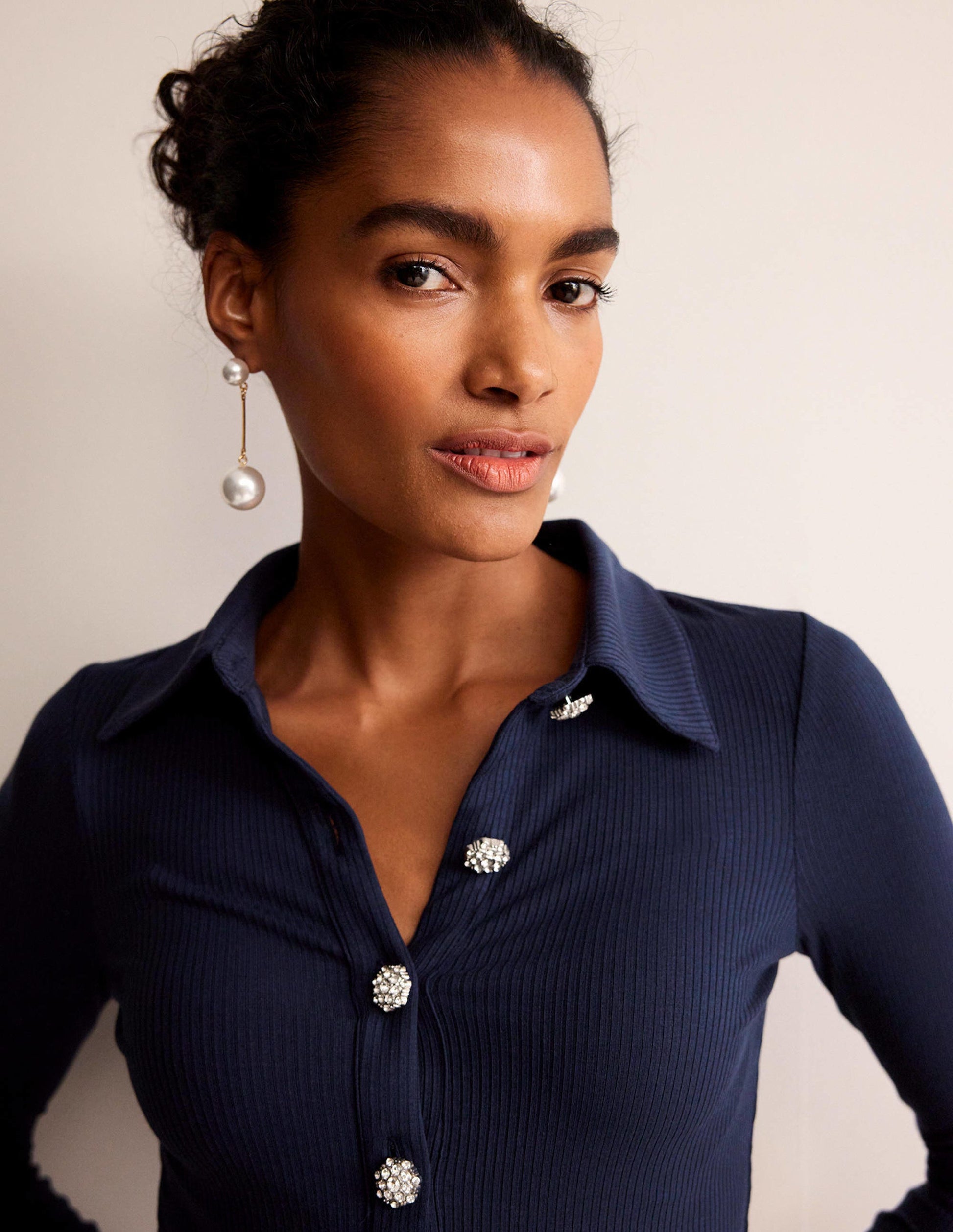 Jewelled-Button Ribbed Shirt-French Navy-1