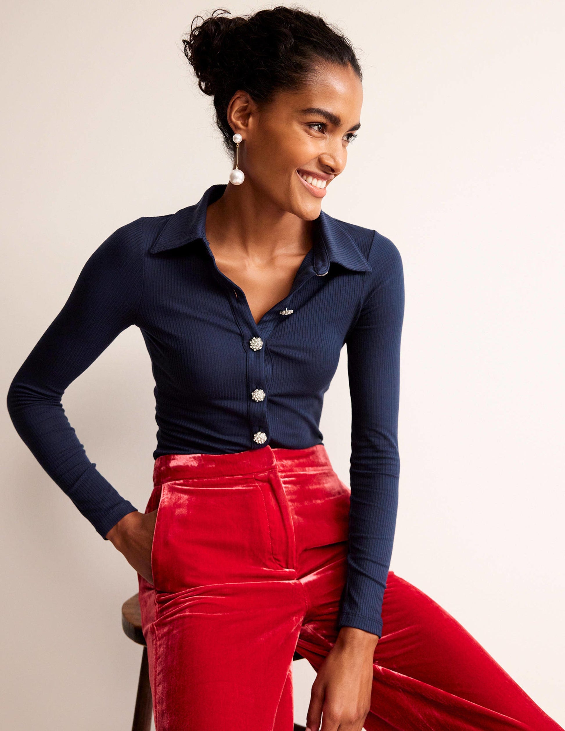 Jewelled-Button Ribbed Shirt-French Navy-2