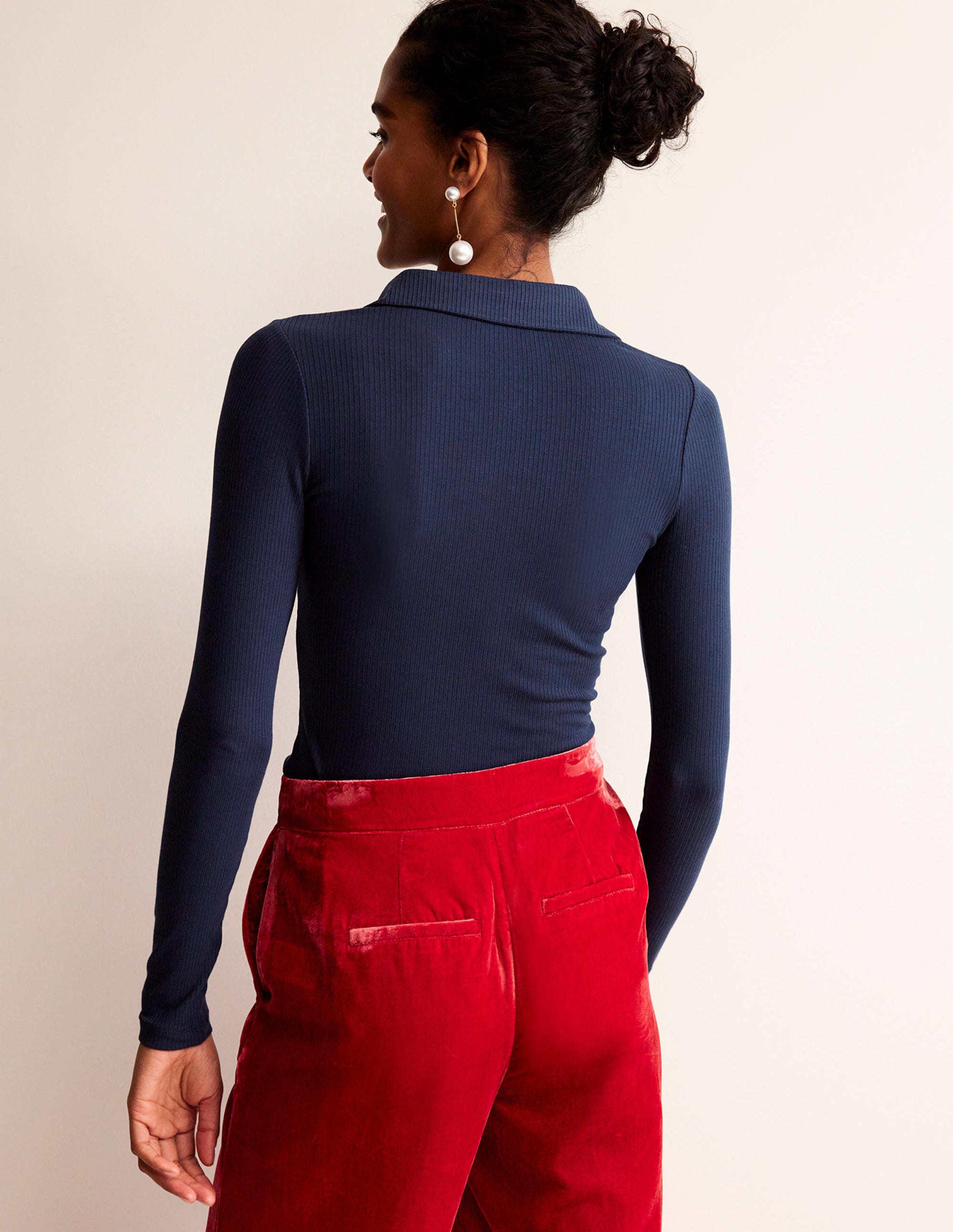 Jewelled-Button Ribbed Shirt-French Navy - Image 3