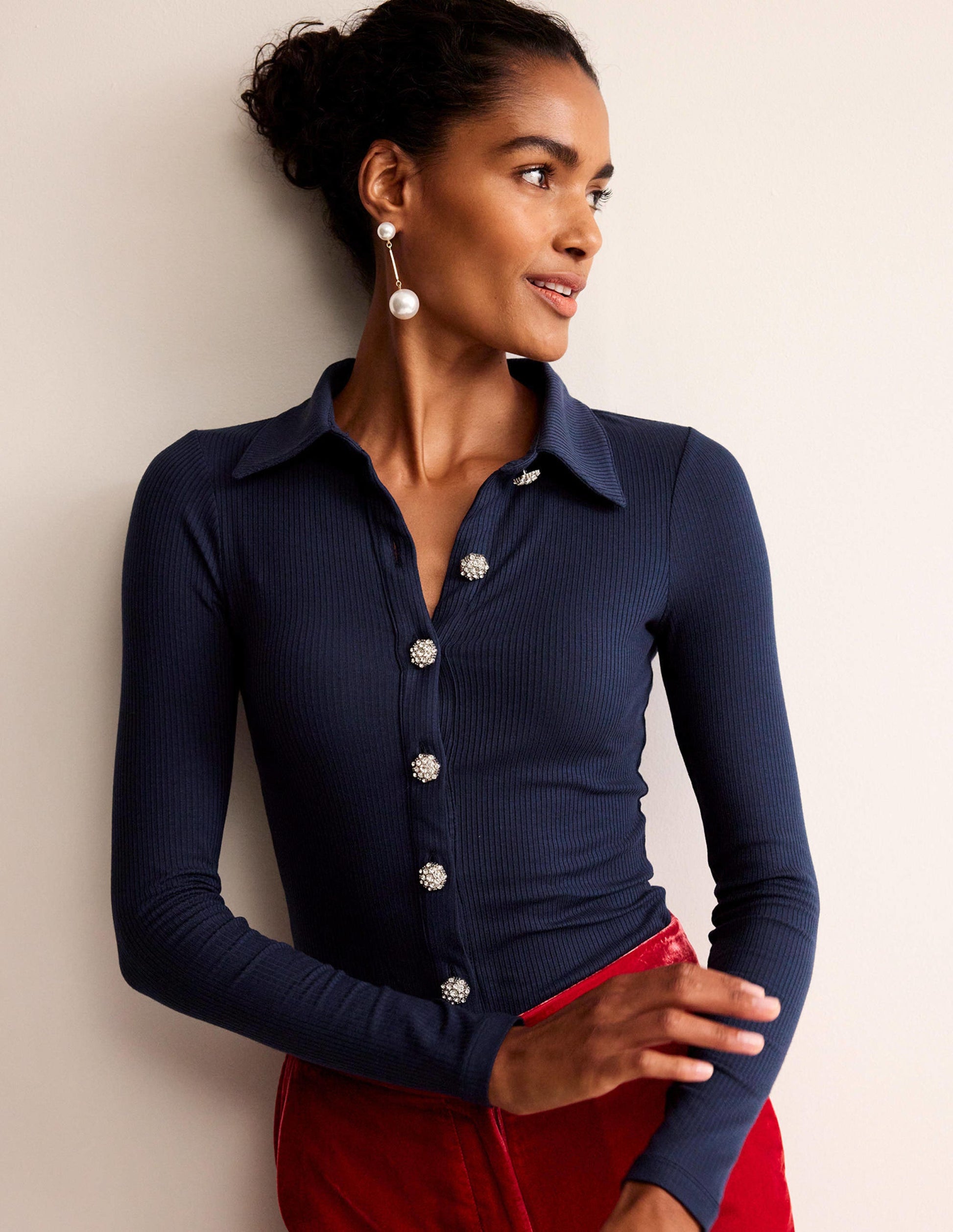 Jewelled-Button Ribbed Shirt-French Navy-4