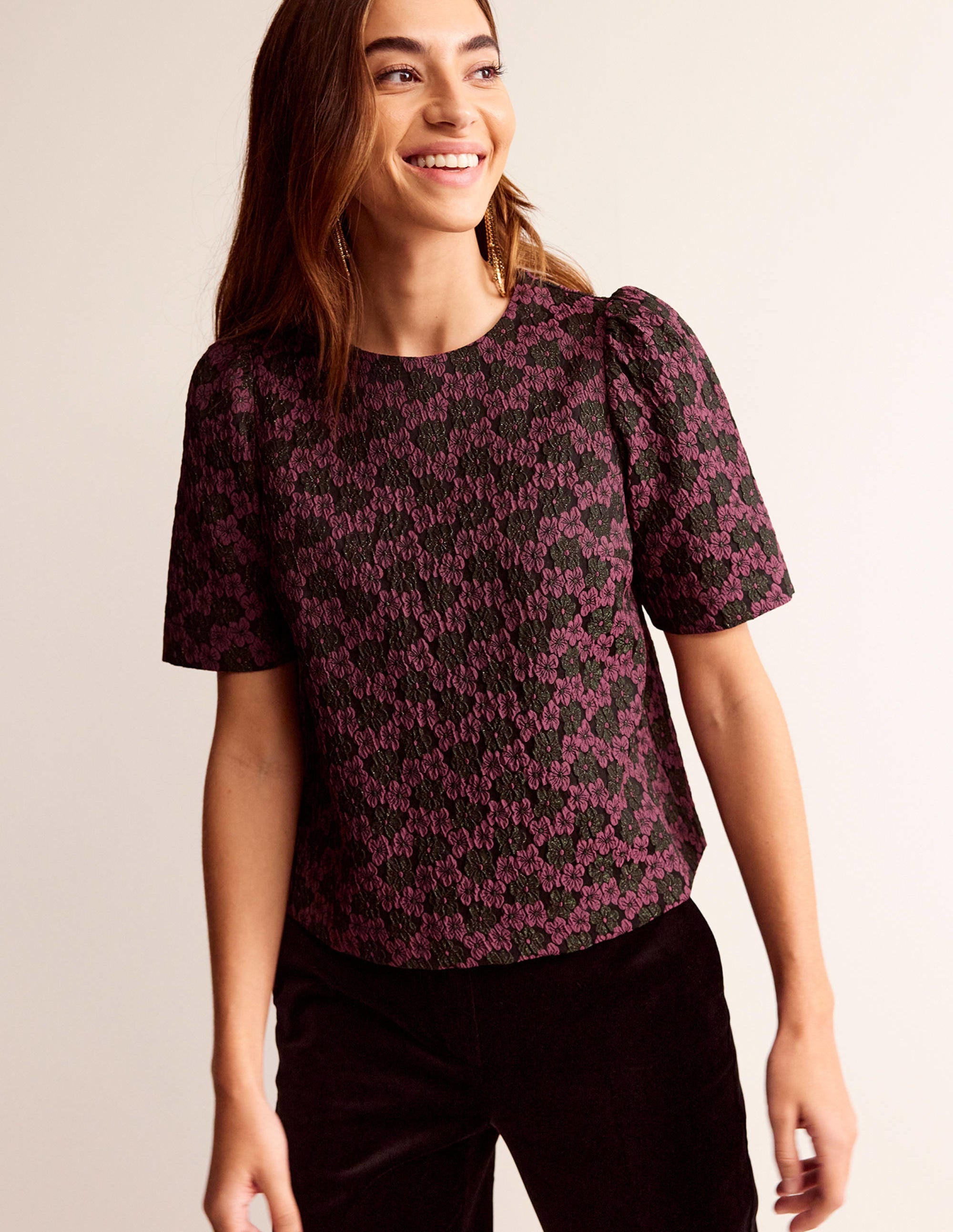 Jacquard Short Sleeve Top-Jacquard Floral - Image 1
