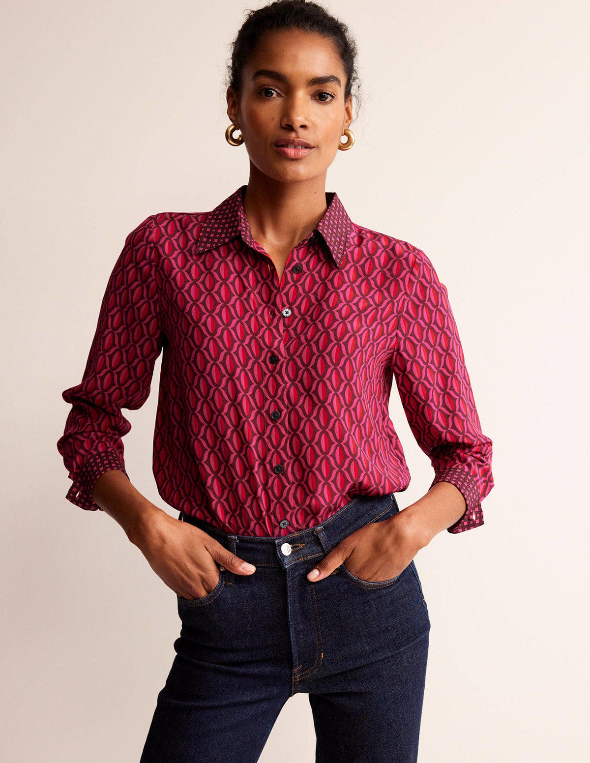 Sienna Silk Shirt-Vibrant Pink, Geo Valley - Image 1