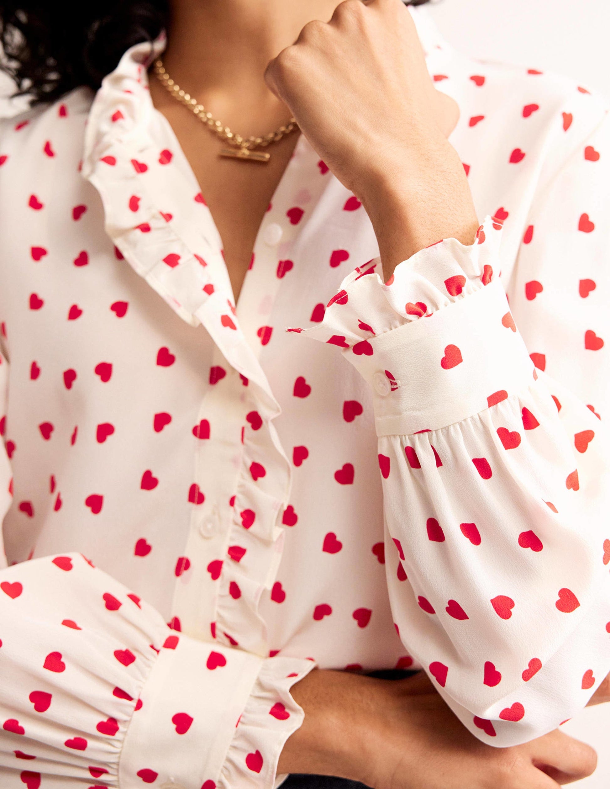 Ruffle Neck Silk Blouse-Ivory, Love Heart-2
