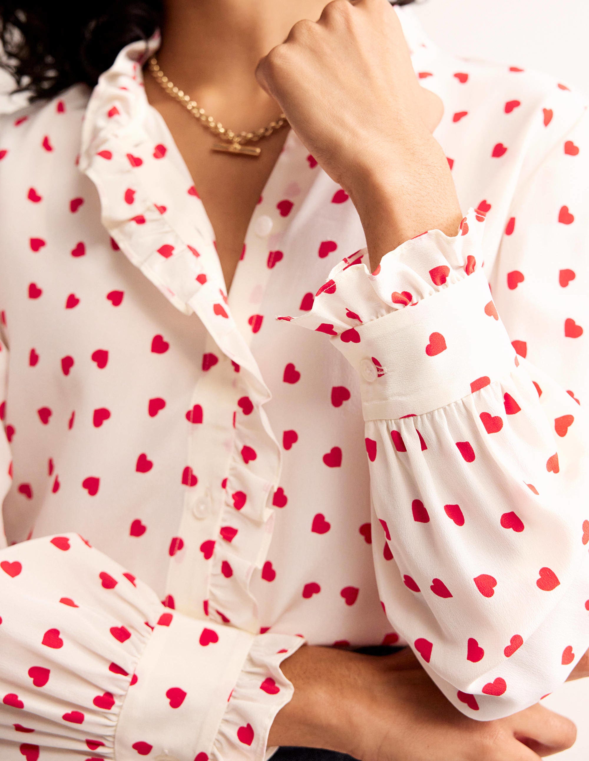 Ruffle Neck Silk Blouse-Ivory, Love Heart - Image 2