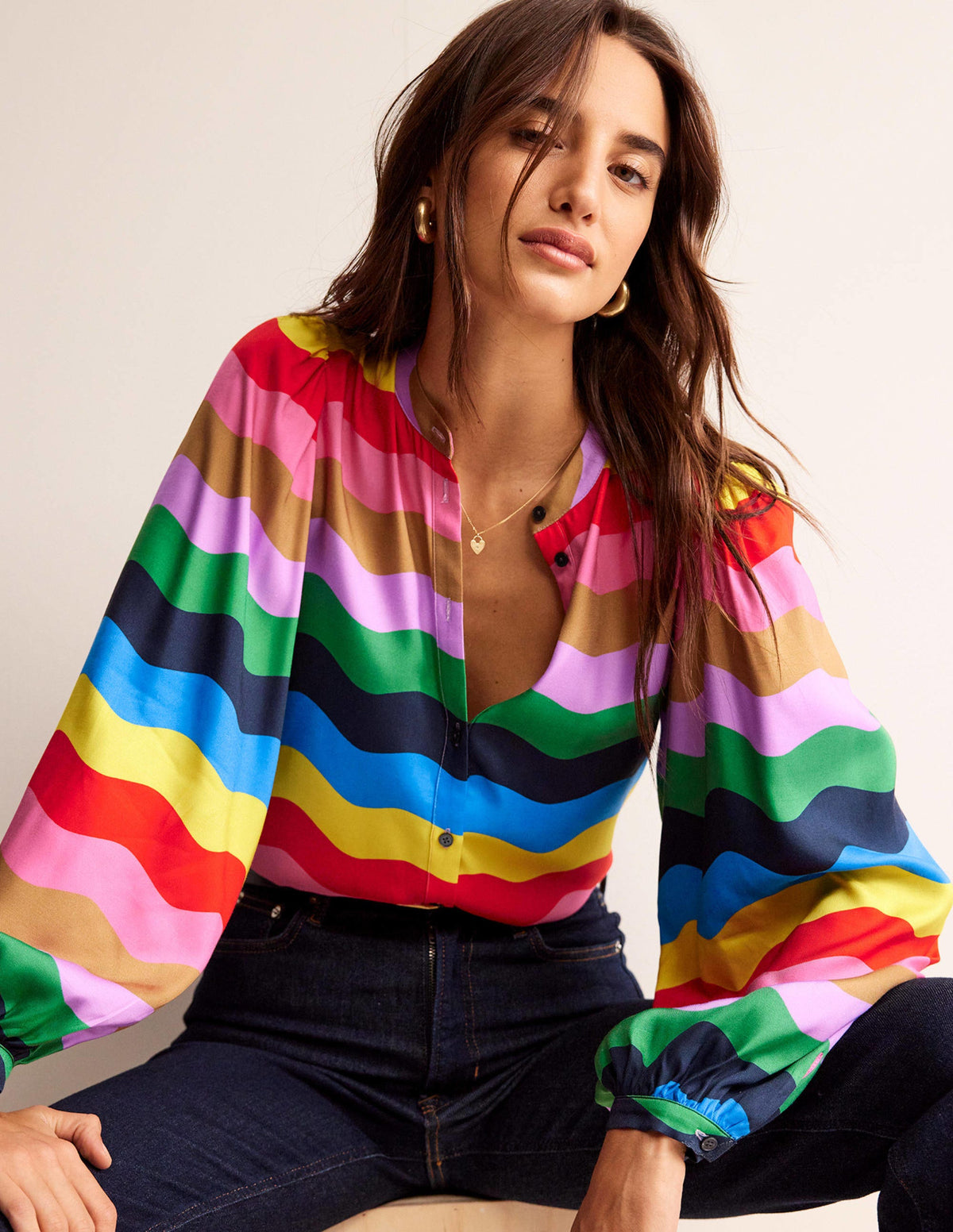 Blouson Sleeve Blouse-Multi, Rainbow Wave-1