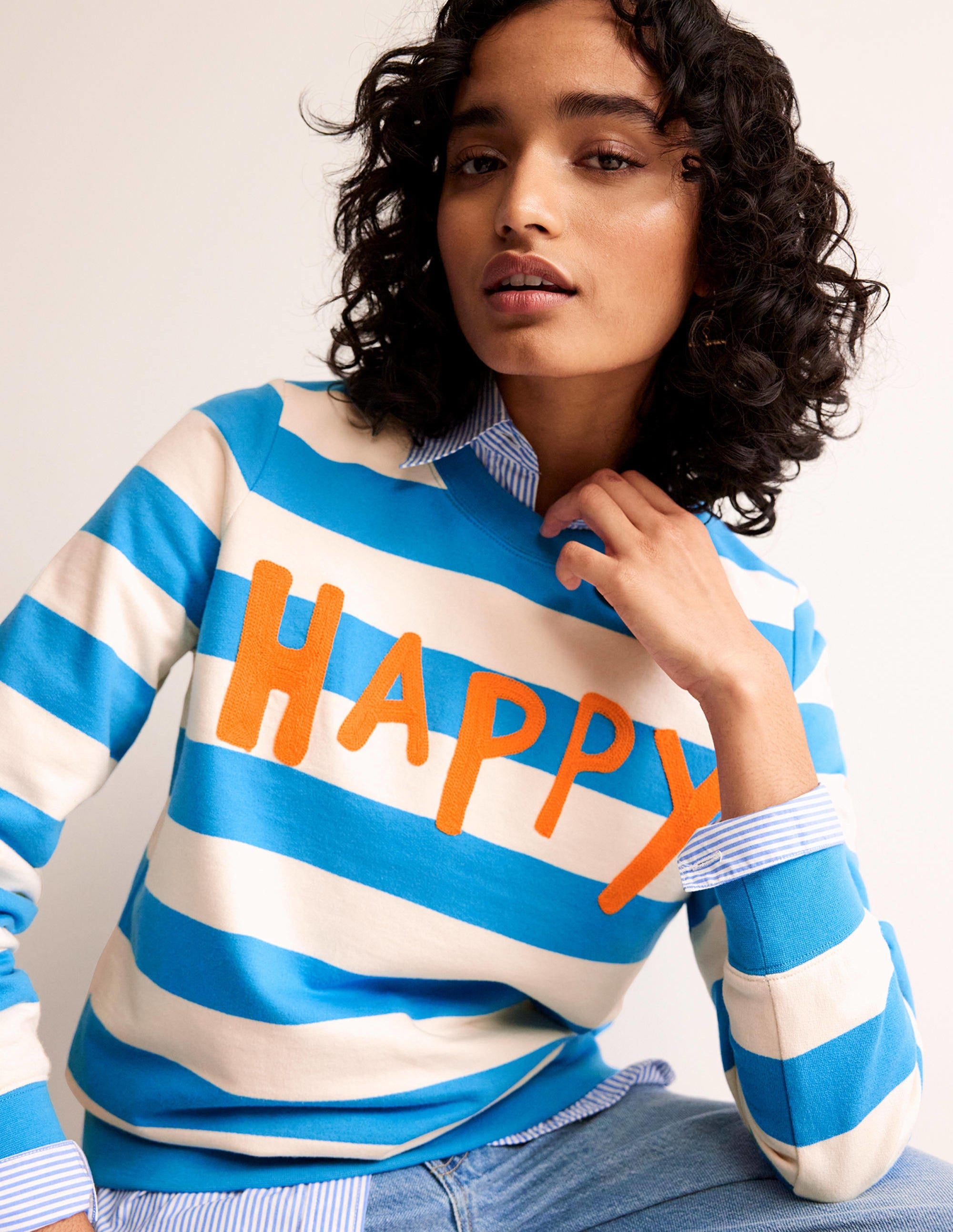 Hannah Embroidered Sweatshirt-Blue, Happy - Image 1