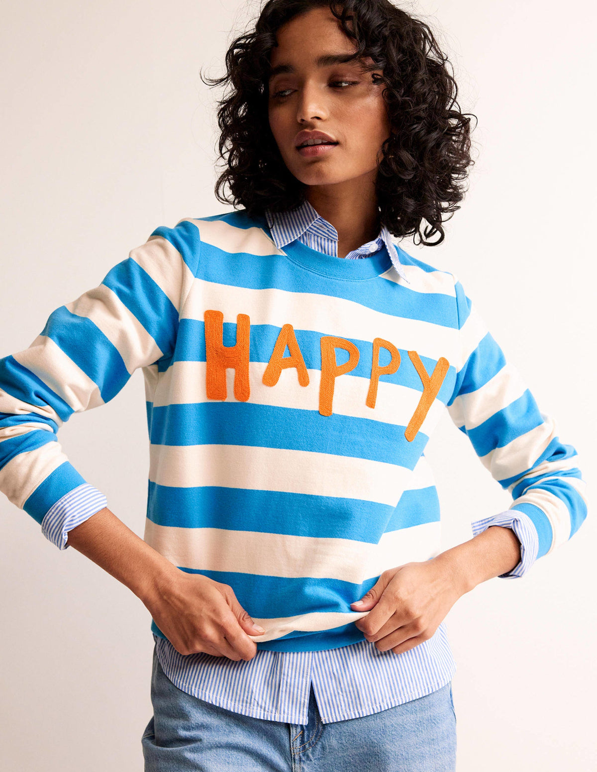 Hannah Embroidered Sweatshirt-Blue, Happy-2