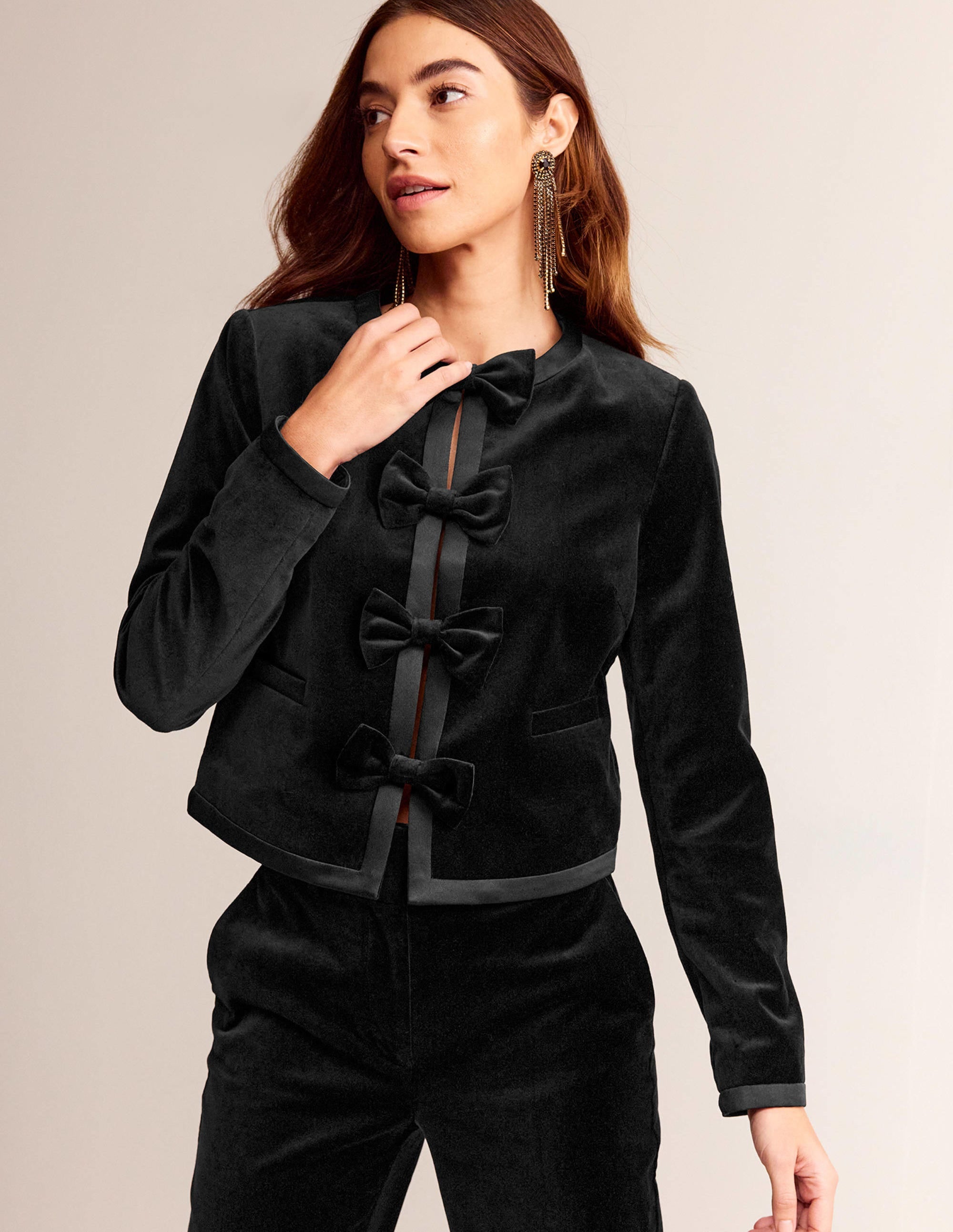 Bow-Trim Collarless Jacket-Black - Image 4
