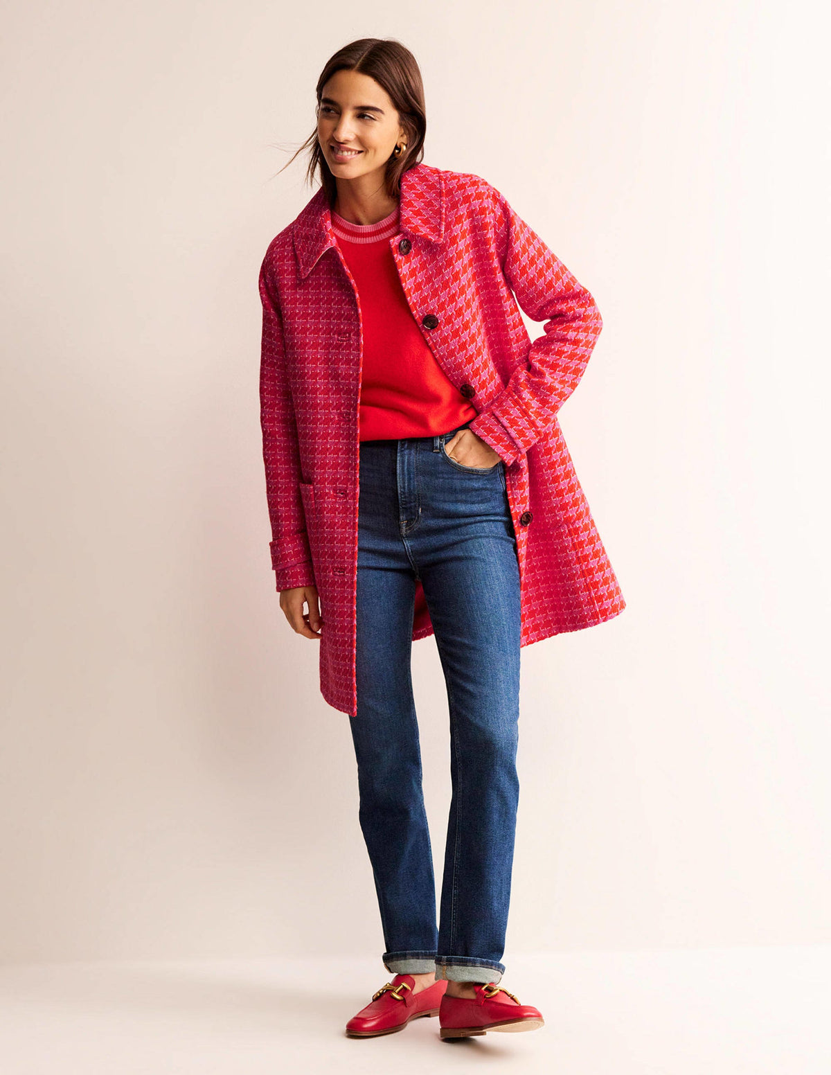 Button Checked Fitted Coat-Dogstooth - Image 2