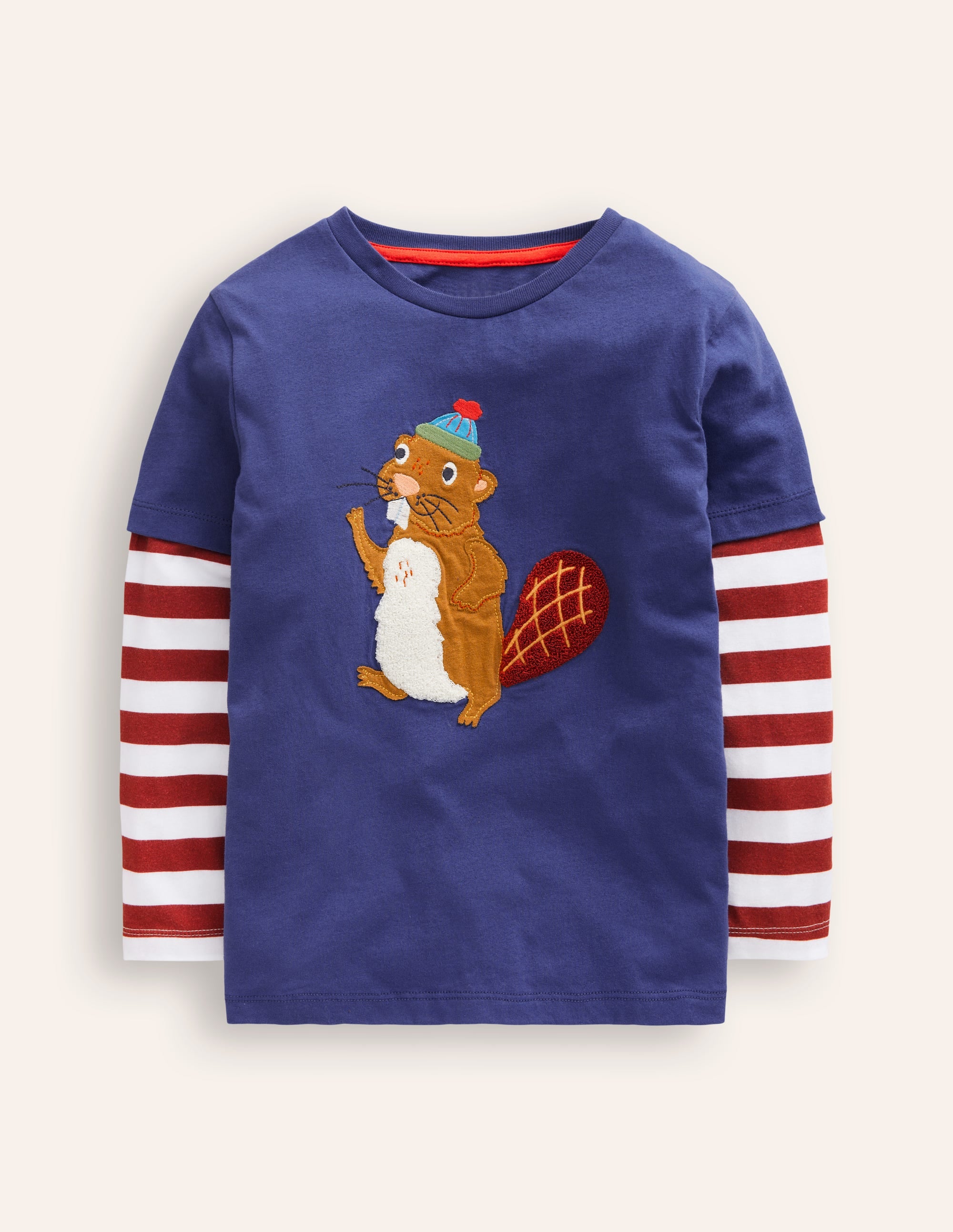 Applique Mock Sleeve T-Shirt-Starboard Blue Beaver - Image 1
